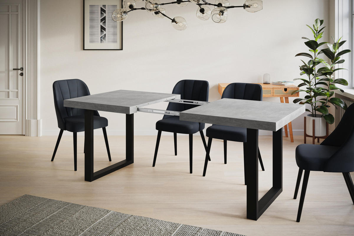 ESSZIMMERTISCH LOFT-U, ausziehbarer Tisch 180-280X90X77 cm, Farbe: Grau, mit Metallbeinen in Farbe Schwarz - Schwarz/Grau, Holzwerkstoff (180/90/77cm) - Alpi-Möbel