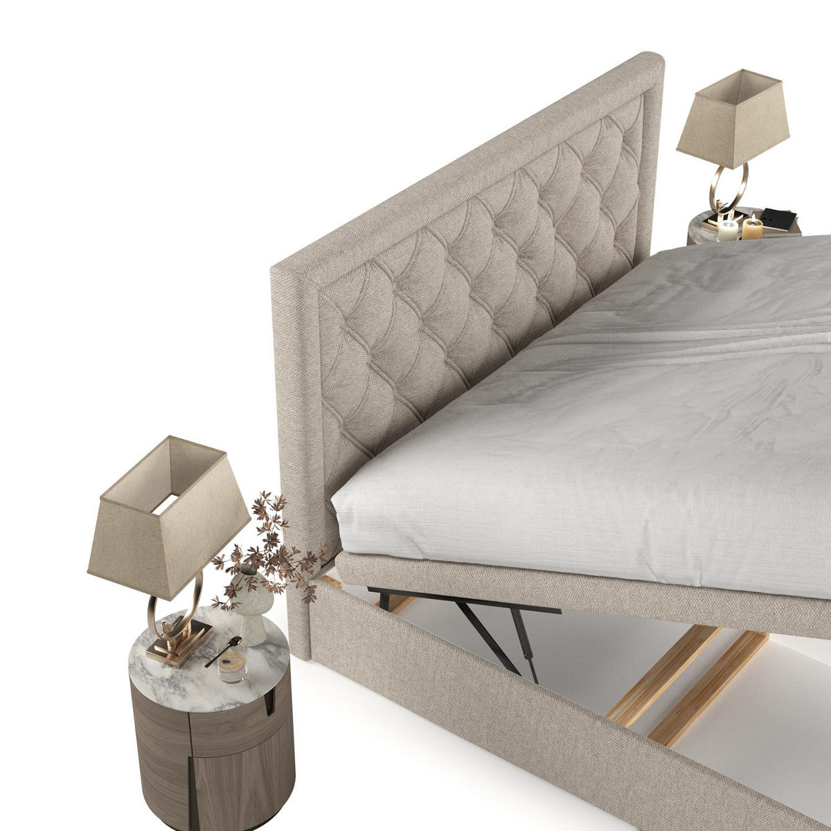 POLSTERBETT Nicobar mit Stauraum 200/200 cm Hellbeige im Megan Stoff - Sandfarben/Schwarz, Holz/Holzwerkstoff (200/200cm) - AltaBeds