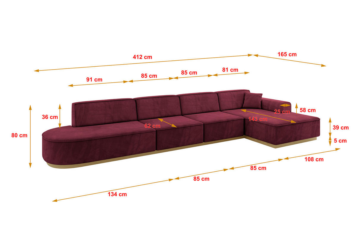 ECKSOFA Ottomane Rechts IREA-L3-v2 - 412x165x80 cm Bordeauxrot - Bordeaux, Holzwerkstoff/Textil (412/165cm) - ALTDECOR