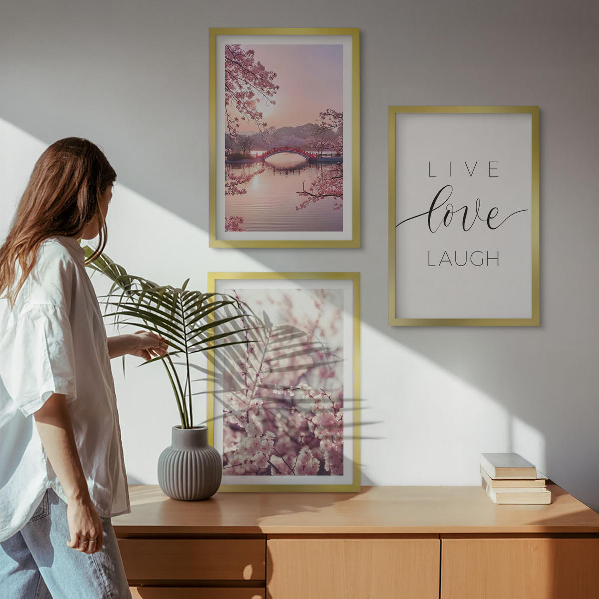 WANDBILDER 3er Set - 40x60 cm Goldrahmen - Blumenbrücken-Inschriftenmotiv - Goldfarben, Kunststoff (40/60cm) - ArtPrintCave