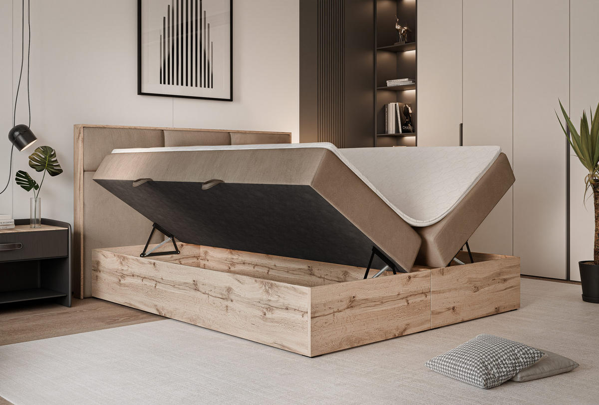 BOXBETT LAVIO 160/200 cm, in Hellbraun, mit Matratze und Topper - Hellbraun, Holzwerkstoff/Textil (160/200cm) - Idohome