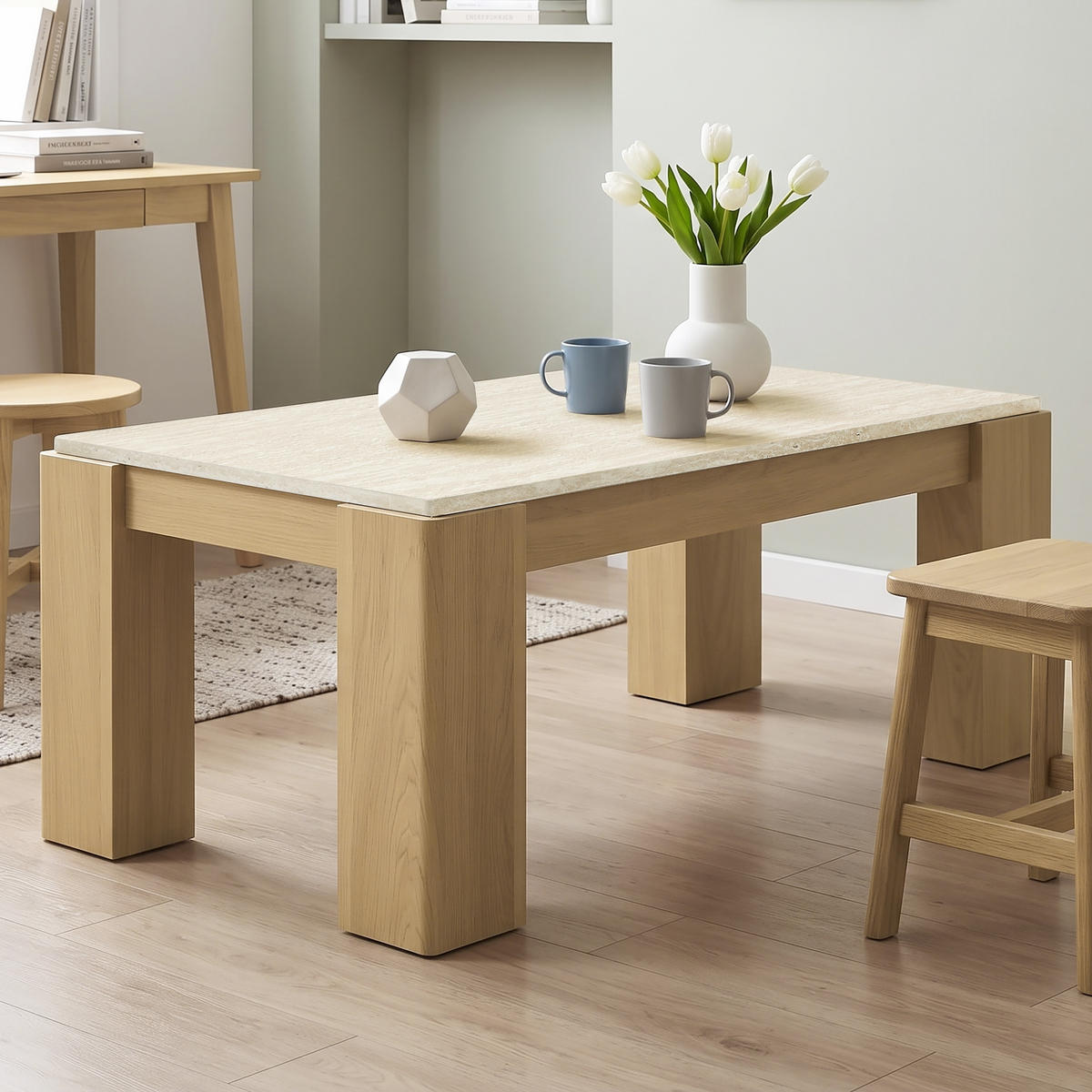 COUCHTISCH Holz mit Marmor Optik & Travertin-Optik, 100 × 54 × 40 cm - Eichefarben, Holzwerkstoff (54/100/40cm) - Hometopia
