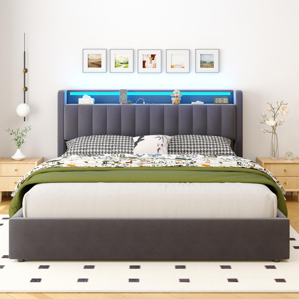 POLSTERBETT 180/200 cm in Grau, mit Bettkasten, Stauraum, USB und LED Beleuchtung, ohne Matratze - Grau, Holzwerkstoff/Textil (180/200cm) - WISHDOR