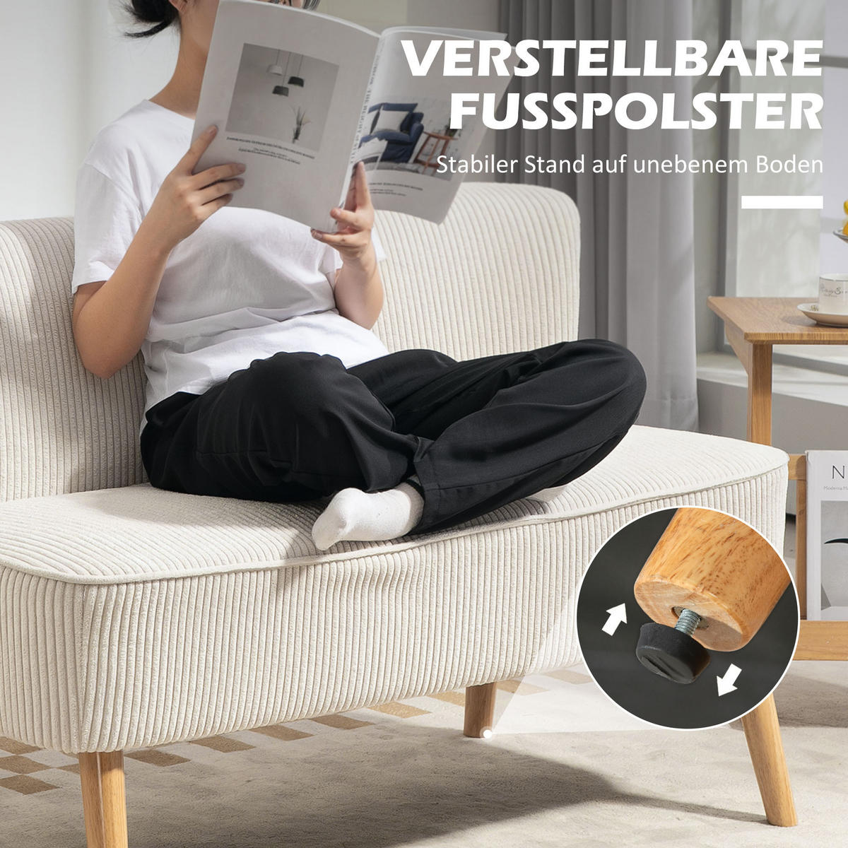 SOFA 2 Sitzer modern Couch ohne Armlehne Polstersofa mit Cord-Optik Cremeweiß - Beige, Textil (56.5/77/117cm) - HOMCOM