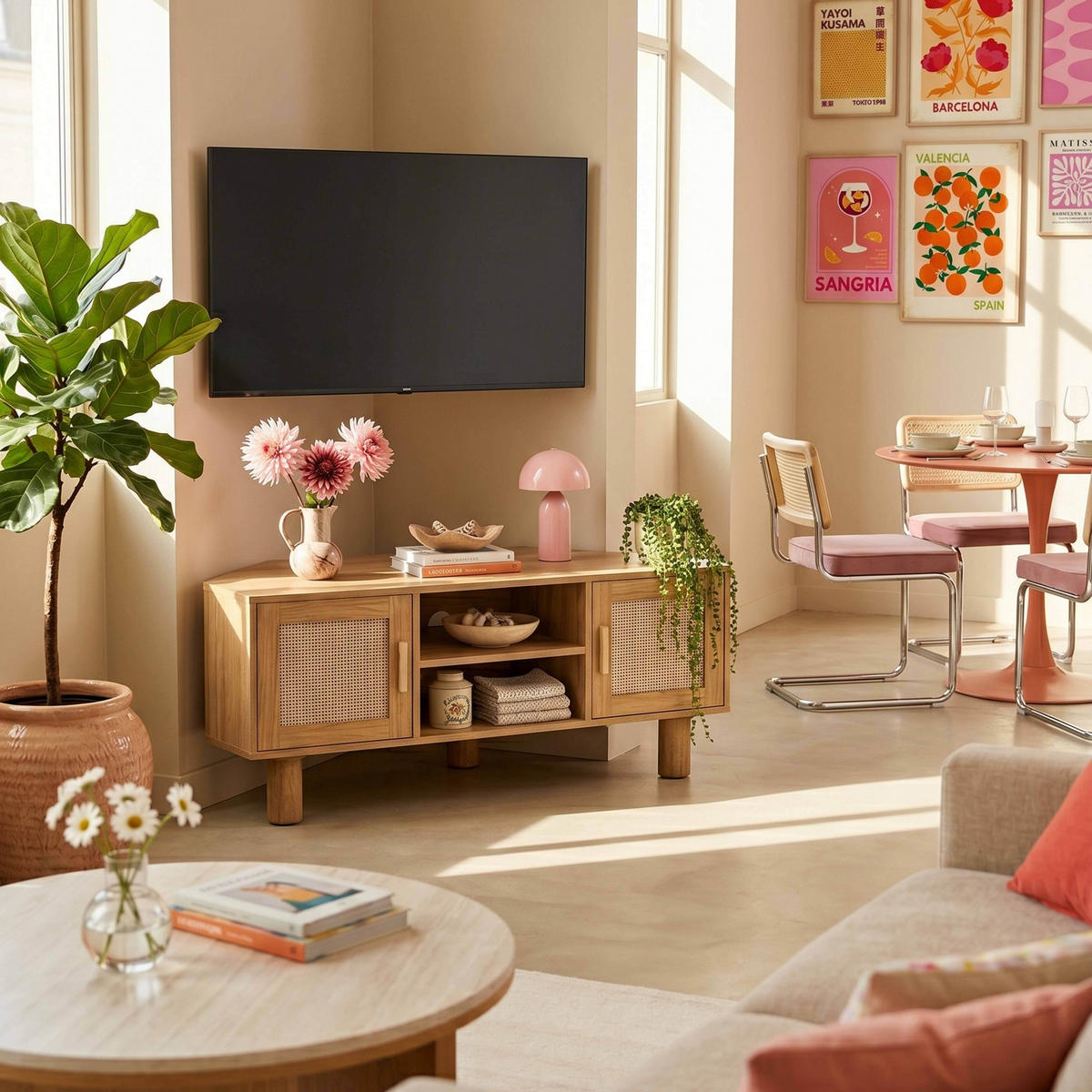 TV-STANDER, Helles Holz - Beige, Holz (120/55/54cm) - Oviala