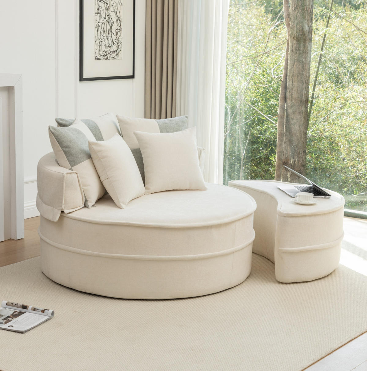 LOUNGESESSEL 121/107/42 cm mit Ottomane, 5 Kissen und Chenille-Bezug, Beige - Beige, Kunststoff (121/66/163cm) - Redom
