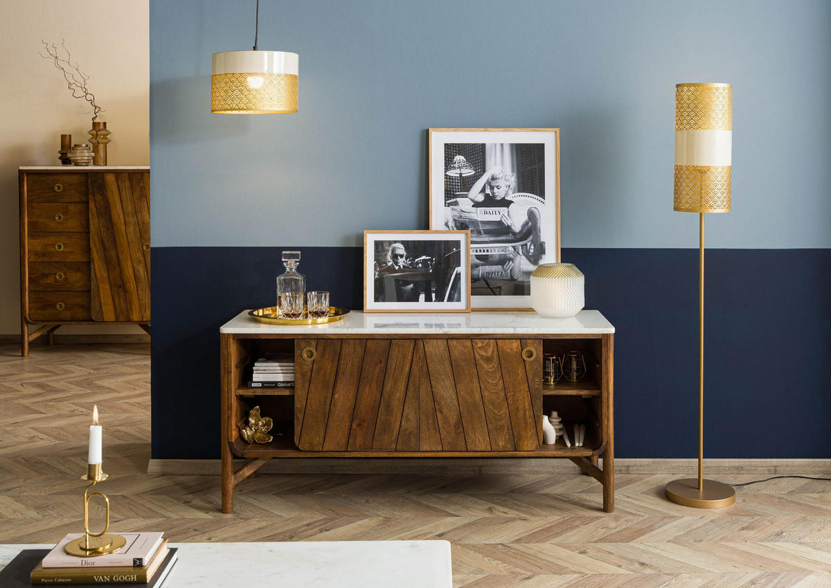 SIDEBOARD Mango 140x45x65 braun geölt / echter Marmor LOS ANGELES #08 - Braun, Holz (140/65/45cm) - Massivmoebel24
