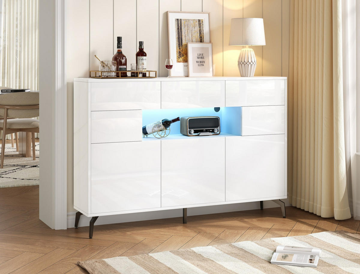 SIDEBOARD 140/30/82 cm aus MDF mit LED-Beleuchtung und Hochglanzfronten Weiß - Weiß, Holzwerkstoff (140/94/30cm) - Modenvie
