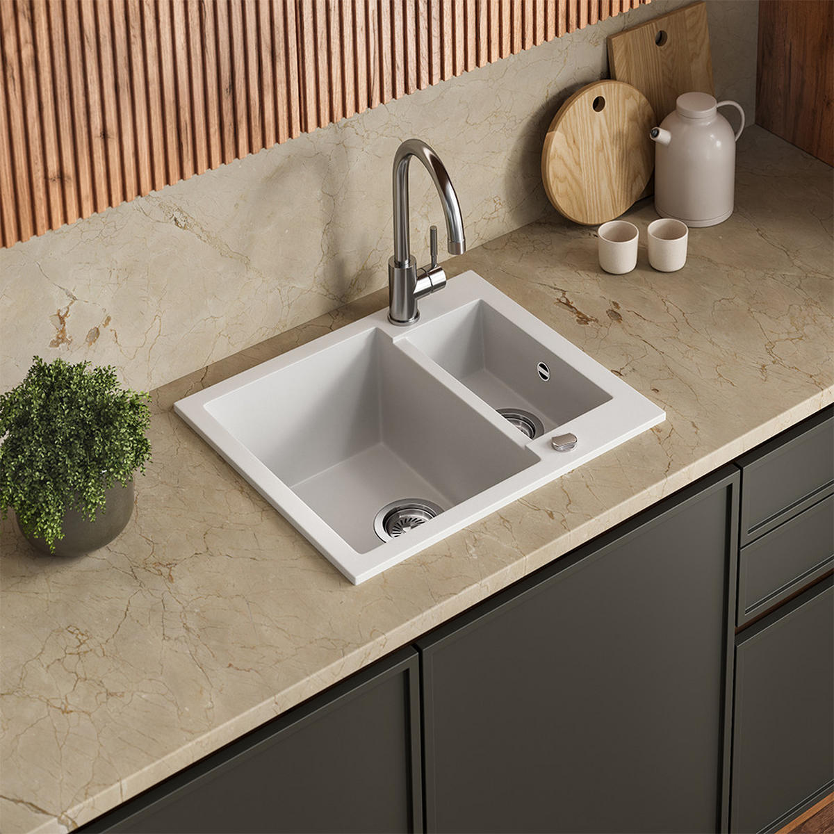 SPÜLBECKEN Prag Weiß 58 x 50 cm mit 2 Spülen - Weiß, Keramik (58/28/50cm) - Bergstroem