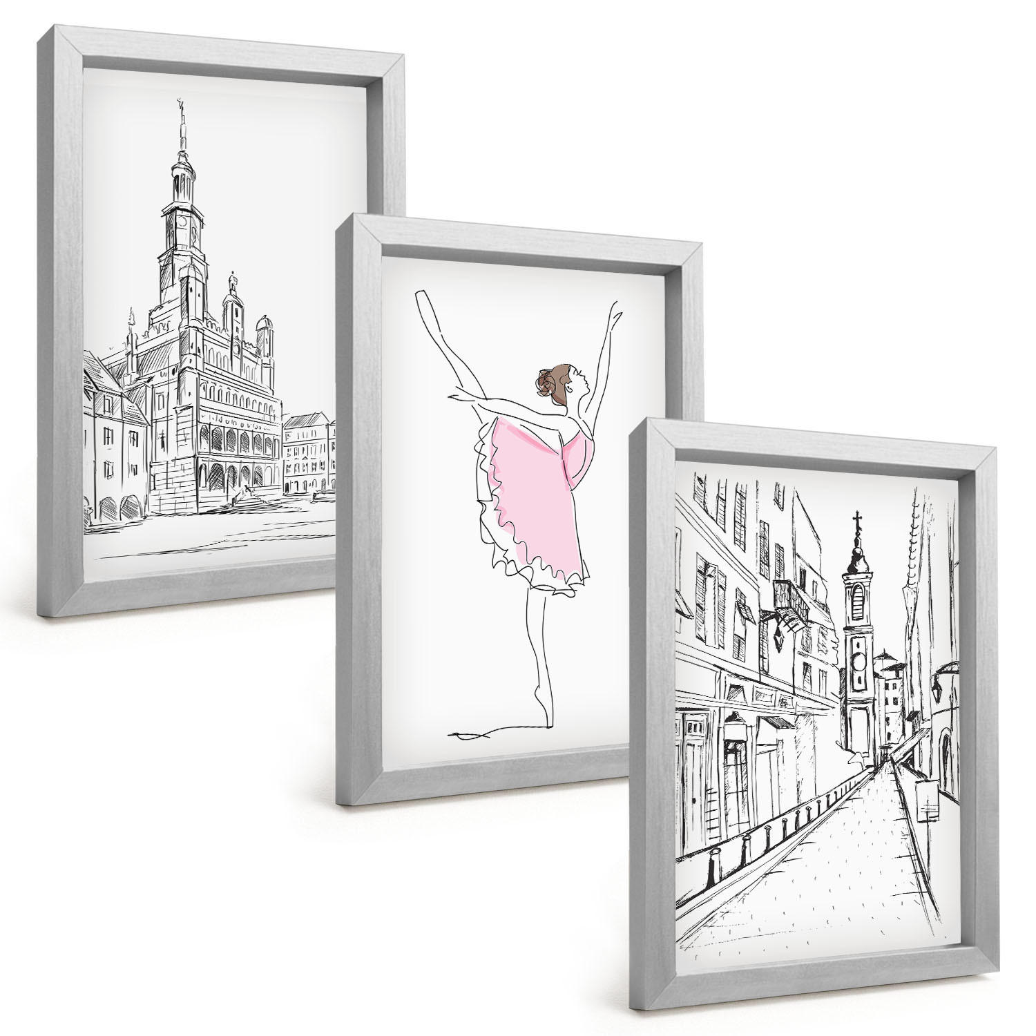 BILDER SET 3er Set - 20x30 cm Silberner Rahmen - Stilvolle Ballerinen und Architektur - Silberfarben, Kunststoff (20/30cm) - TULUP