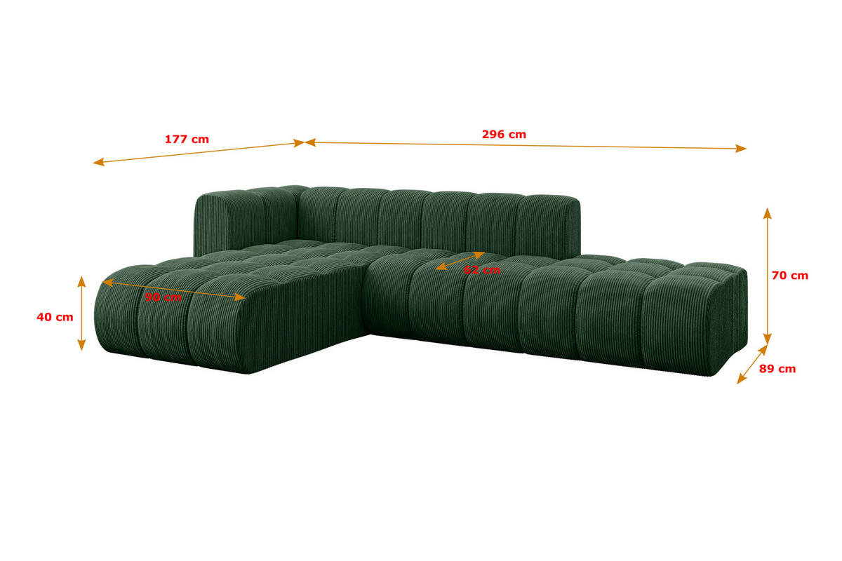 ECKSOFA modulares Sofa Zuvon-L1 - 296x177x70 cm Grün - Grün, Holzwerkstoff/Textil (296/177cm) - ALTDECOR
