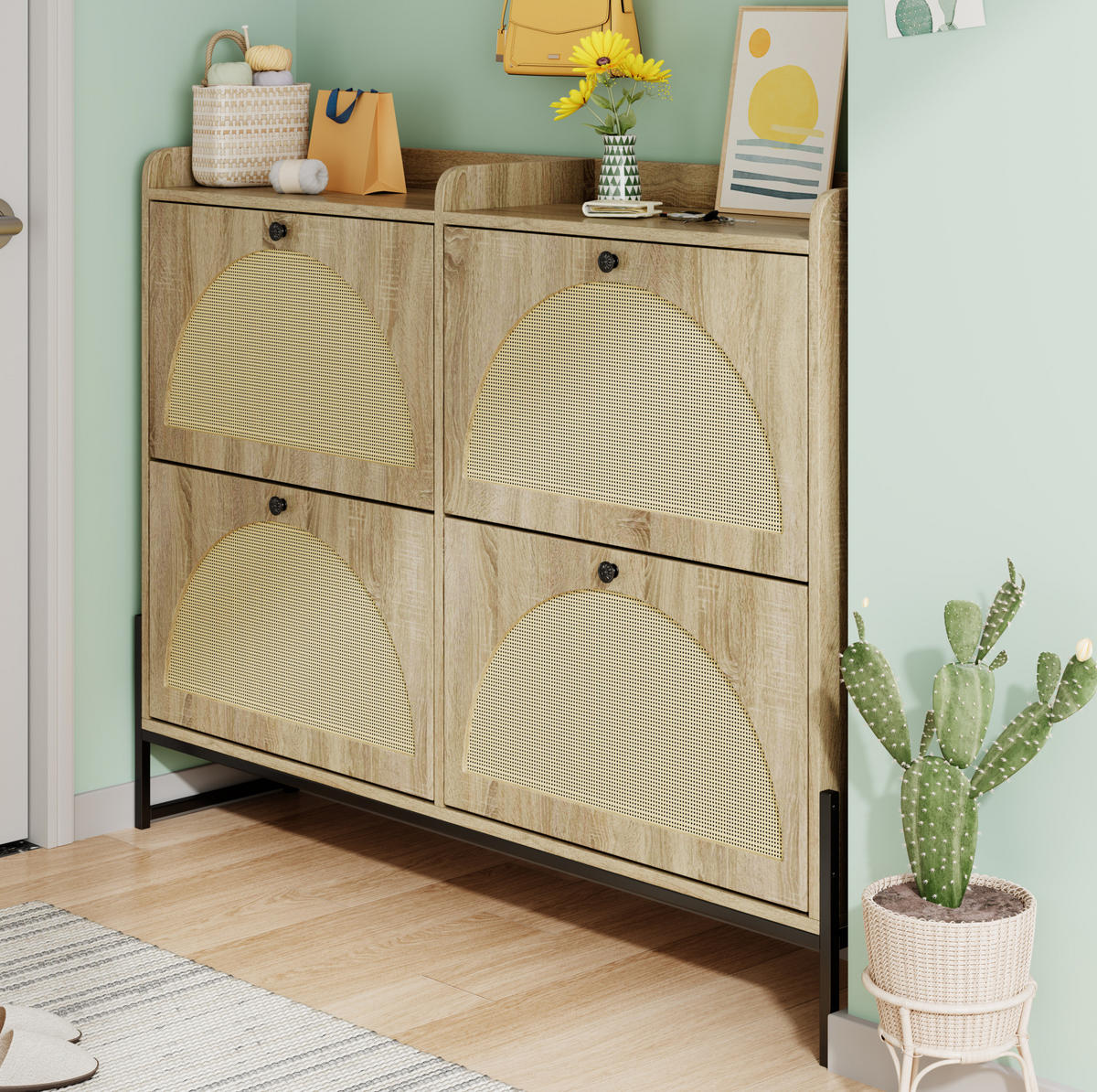 SCHUHSCHRANK 121(118)/25/91,5 cm mit Belüftung und 4 Klappen aus Spanplatte und PE-Rattan, Holzfarbe - Naturfarben, Holzwerkstoff (118/91.5/25cm) - Redom