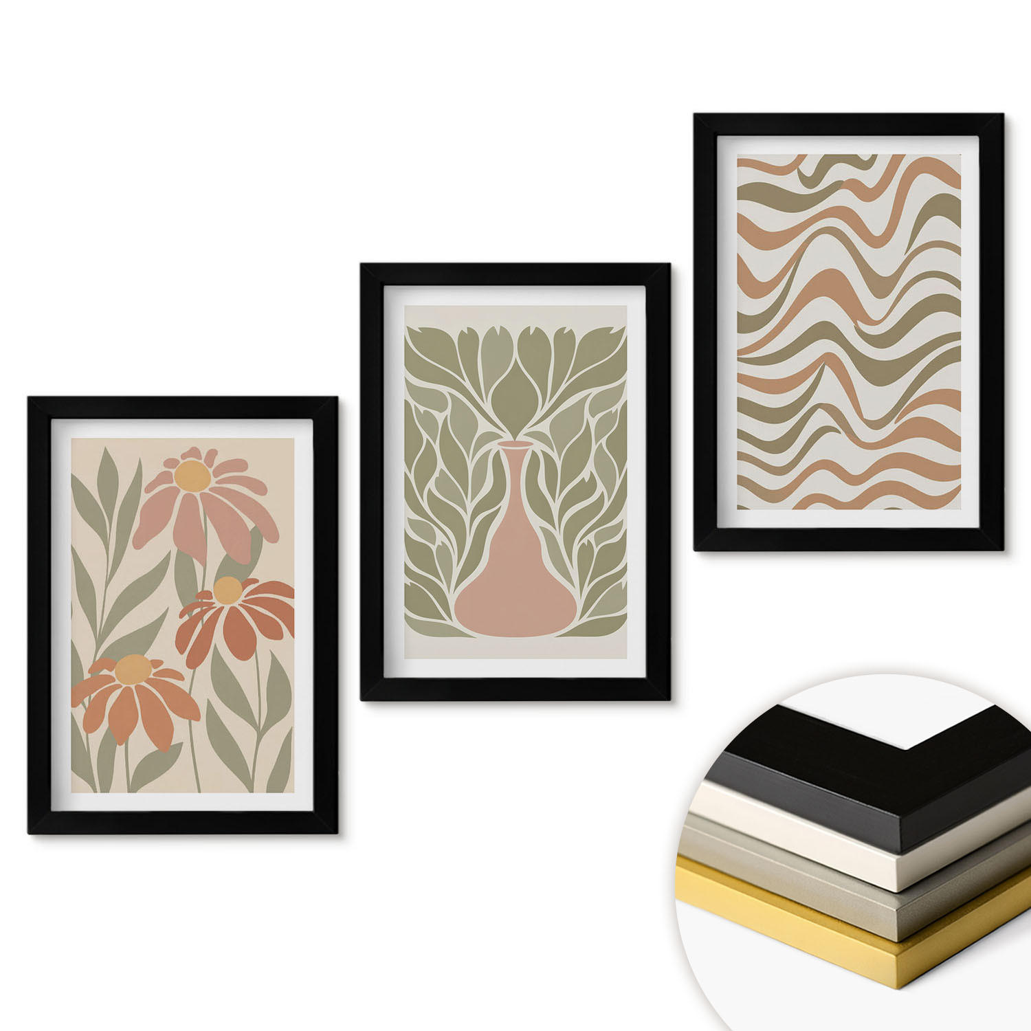 WANDBILDER 3er-Set - 20x30 cm Schwarzer Rahmen - Abstrakte Pastellblumen - Schwarz, Kunststoff (20/30cm) - ArtPrintCave