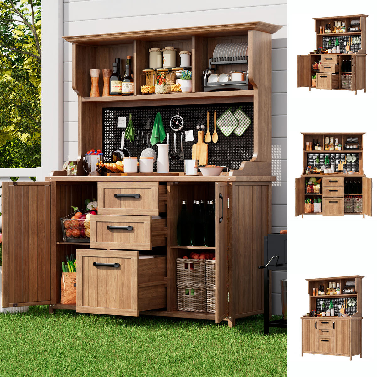 GARTENSCHRANK Holz Tanne 3 Schubladen 3 Fächer Metall Lochwand - Naturfarben, Holz (50/185/133.6cm) - FLIEKS
