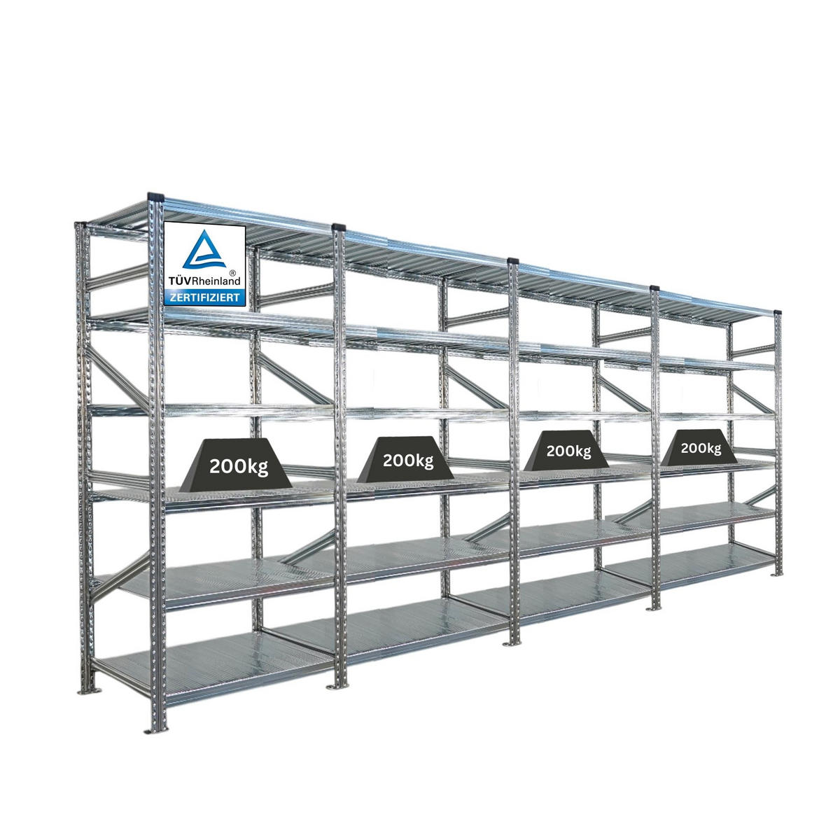 FACHBODENREGAL Proximo Stecksystem 210x360x60cm 6 Ebenen Beidseitig nutzbar Verzinkt - Silberfarben, Metall (360/210/60cm) - PROREGAL