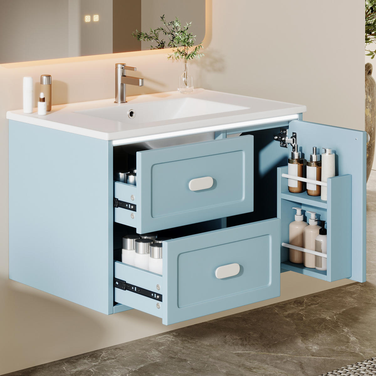 BADEZIMMER-HÄNGESCHRANK 76×46×51 cm, blau, lackiert, mit LED-Radarsensor-Beleuchtung, 2 Schubladen, leisen Gleitschienen und integriertem Waschbecken - Blau, Holzwerkstoff (46/51/76cm) - Ej. Life