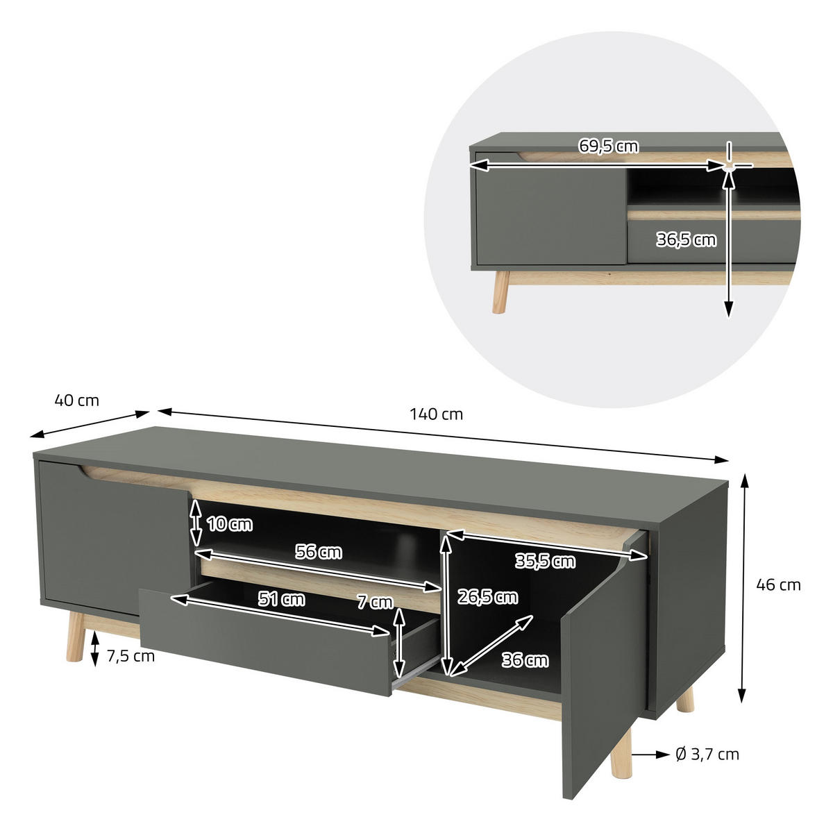 TV LOWBOARD - Grau, Holz (40/46/140cm) - ML-DESIGN