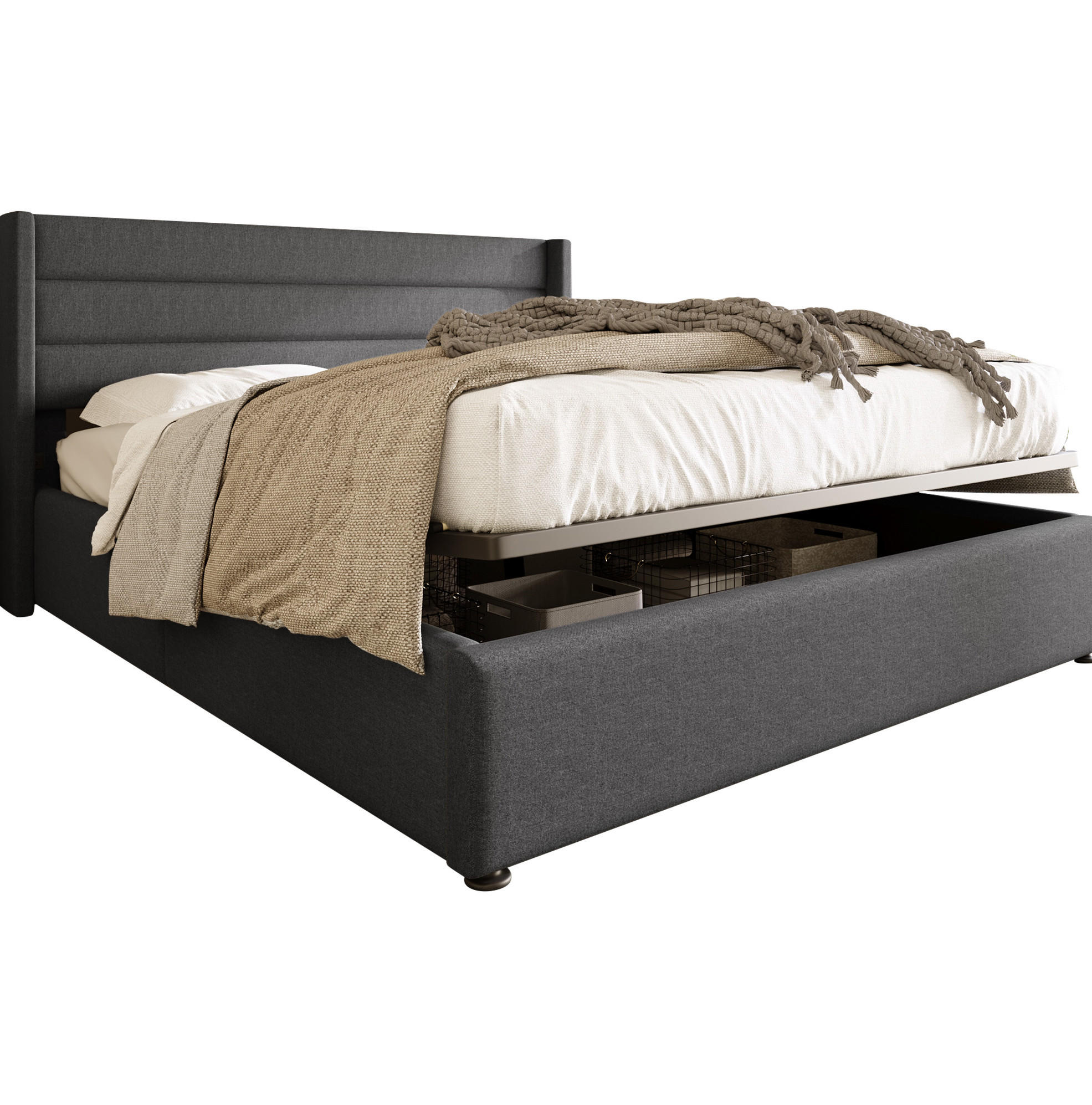 POLSTERBETT 160/200 cm Grau aus Leinen mit Bettkasten - Grau, Textil (160/200cm) - OKMYHOME