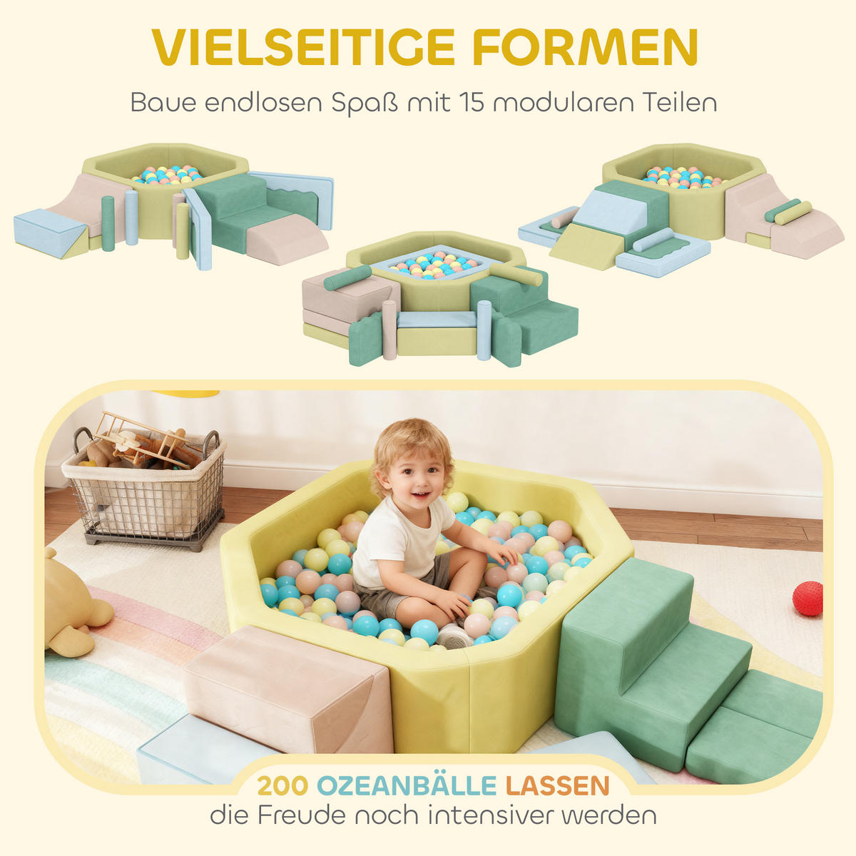 SCHAUMSTOFF Bausteine Kinder 15er-Set mit Bällepool, 200 Bälle Mehrfarbig - Multicolor, Textil (137.5/160cm) - AIYAPLAY