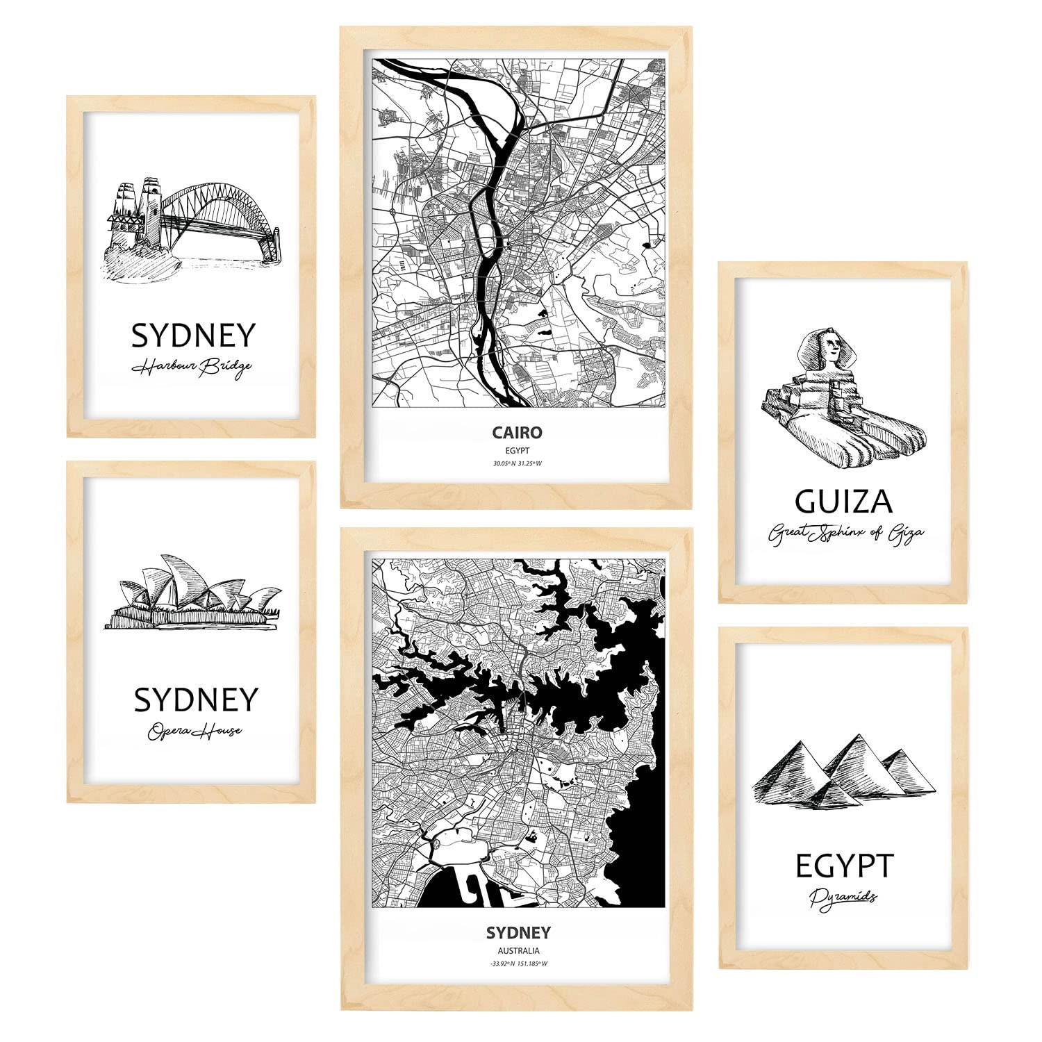 POSTER Set Mit 6 Von Ägypten Und Sidney Sammlung A3 & A4 Rahmen Aus Hellem Holz - Beige, Papier (29/3cm) - Nacnic