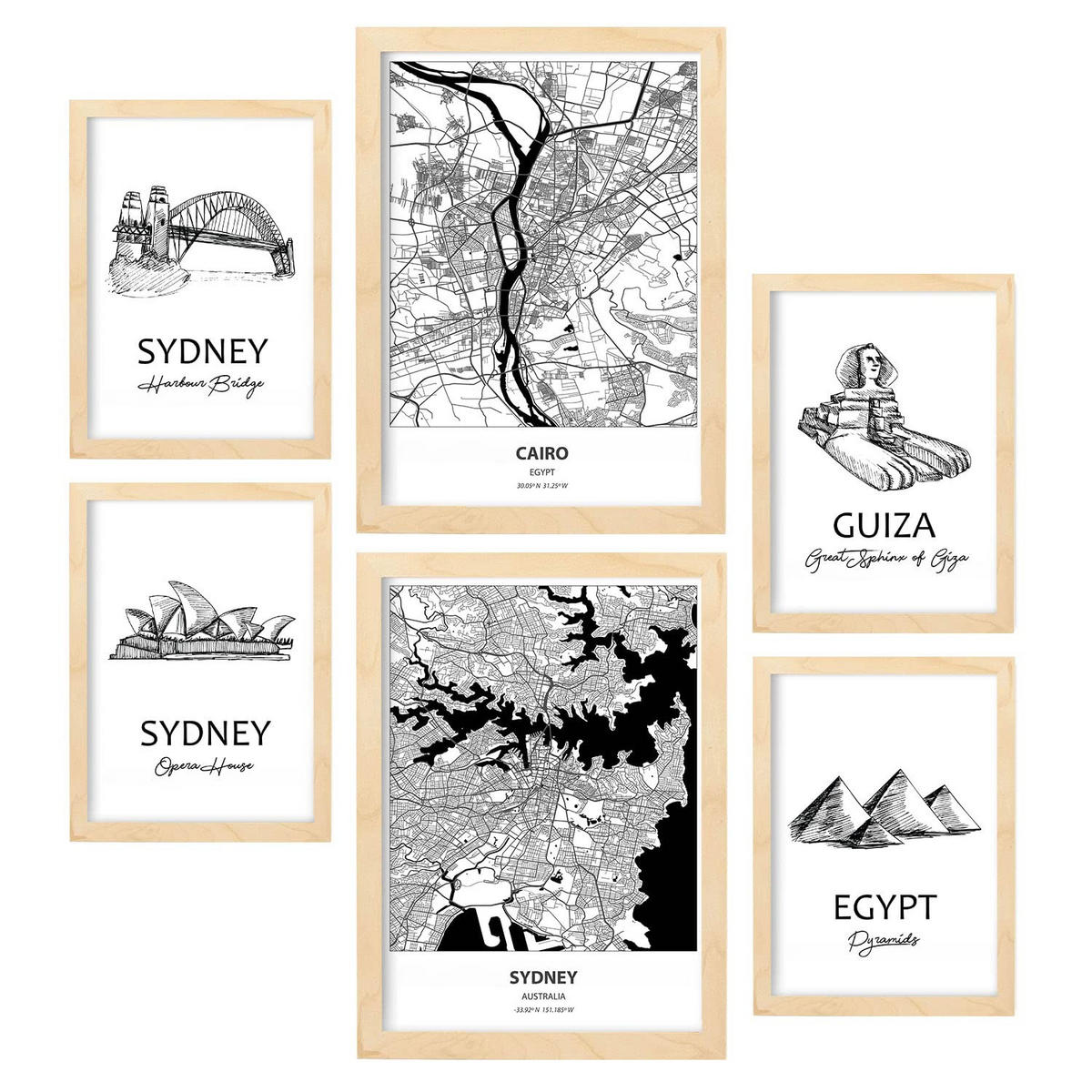 POSTER Set Mit 6 Von Ägypten Und Sidney Sammlung A3 & A4 Rahmen Aus Hellem Holz - Beige, Papier (29/3cm) - Nacnic