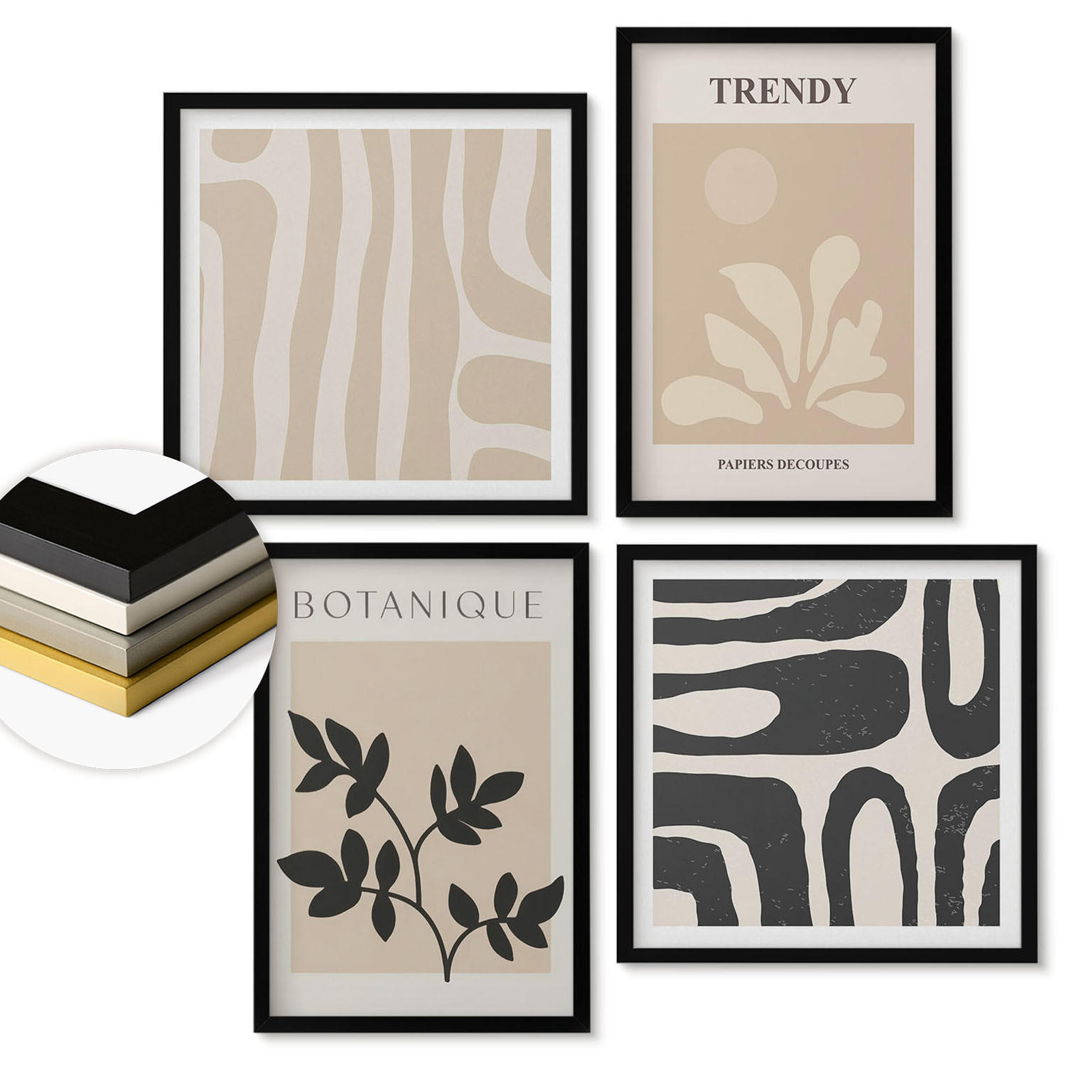 WANDBILDER 4er-Set - 50x50 cm & 40x60 cm Schwarzer Rahmen - Stilvolle Pflanzenmuster in Beige und Schwarz - Schwarz, Kunststoff (50/50cm) - ArtPrintCave