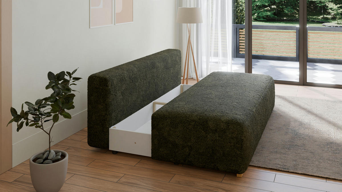 SCHLAFSOFA - Polstersofa aus Bouclé - Grün (Arena 12 + Arena 2 Kissen) - Beige/Grün, Holzwerkstoff (200/90/100cm) - Möblo