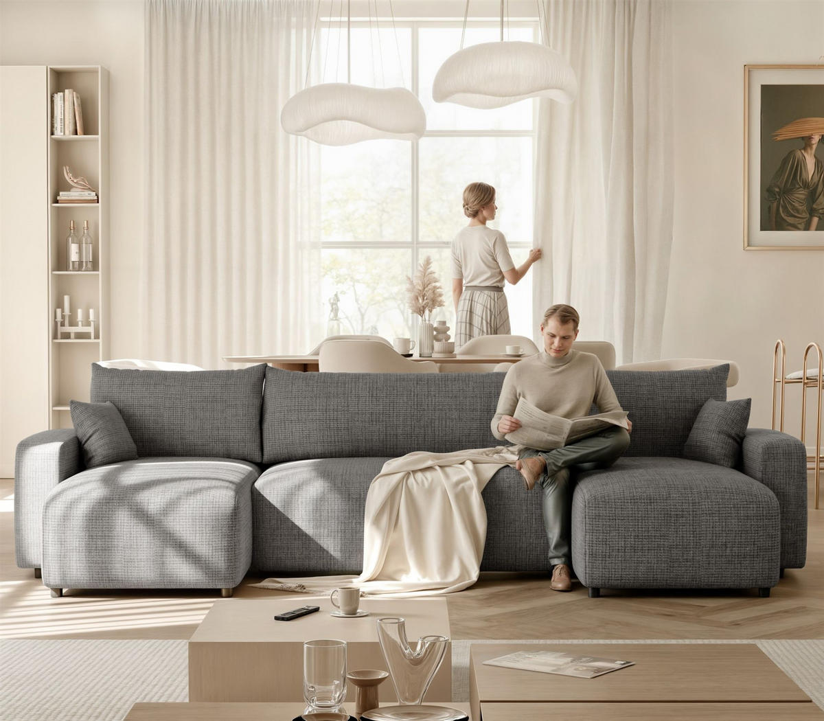 WOHNLANDSCHAFT Luna Mit Schlaffunktion - Grau, Holzwerkstoff/Textil (318/79/145cm) - Fun Möbel