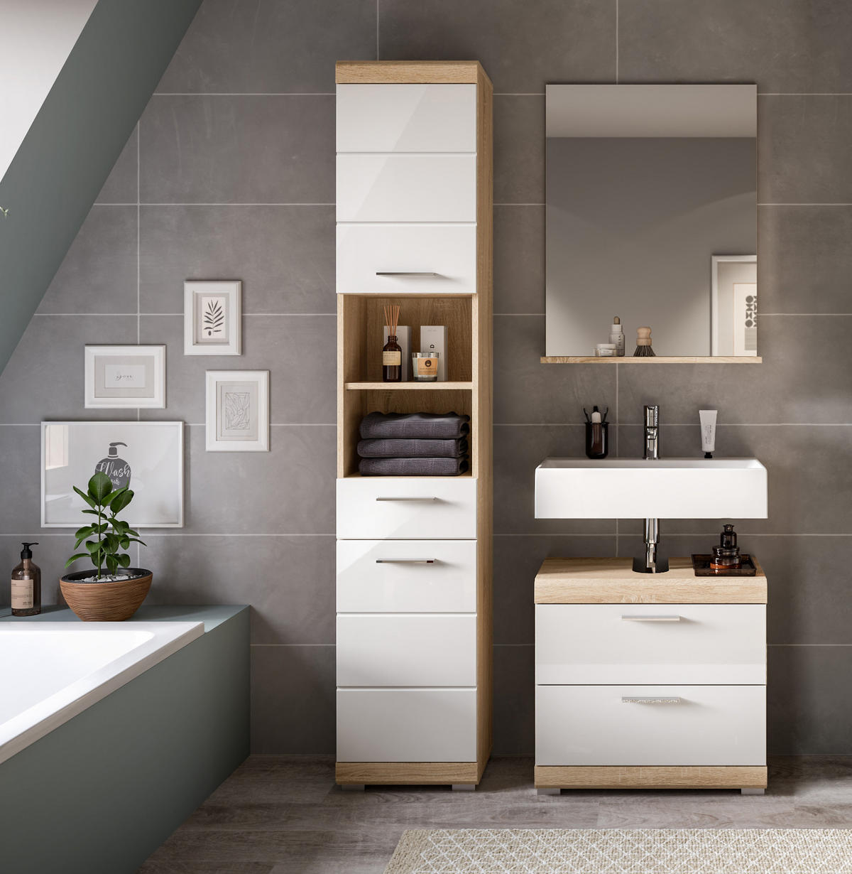 BADMÖBEL-SET weiß Hochglanz, Eiche 3-teilig 112 cm, viel Stauraum - Weiß Hochglanz/Eichefarben, Holzwerkstoff (112/191/37cm) - Inn.Furn