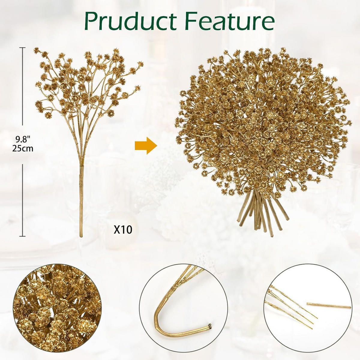 KUNSTBLUMEN Schleierkraut 10 Stück 25 cm Gold - Goldfarben, Kunststoff (60cm)