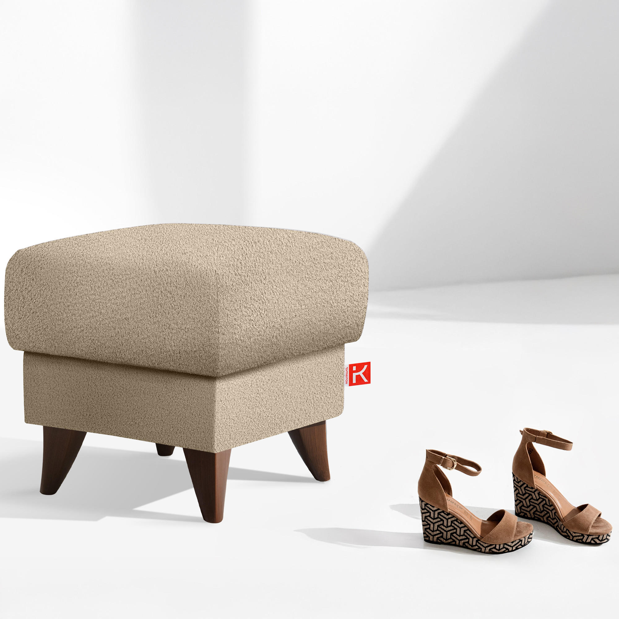 HOCKER GUSTAVO Fußstütze, Bouclé, Beige - Beige, Holz/Holzwerkstoff (53/49/53cm) - KONSIMO®