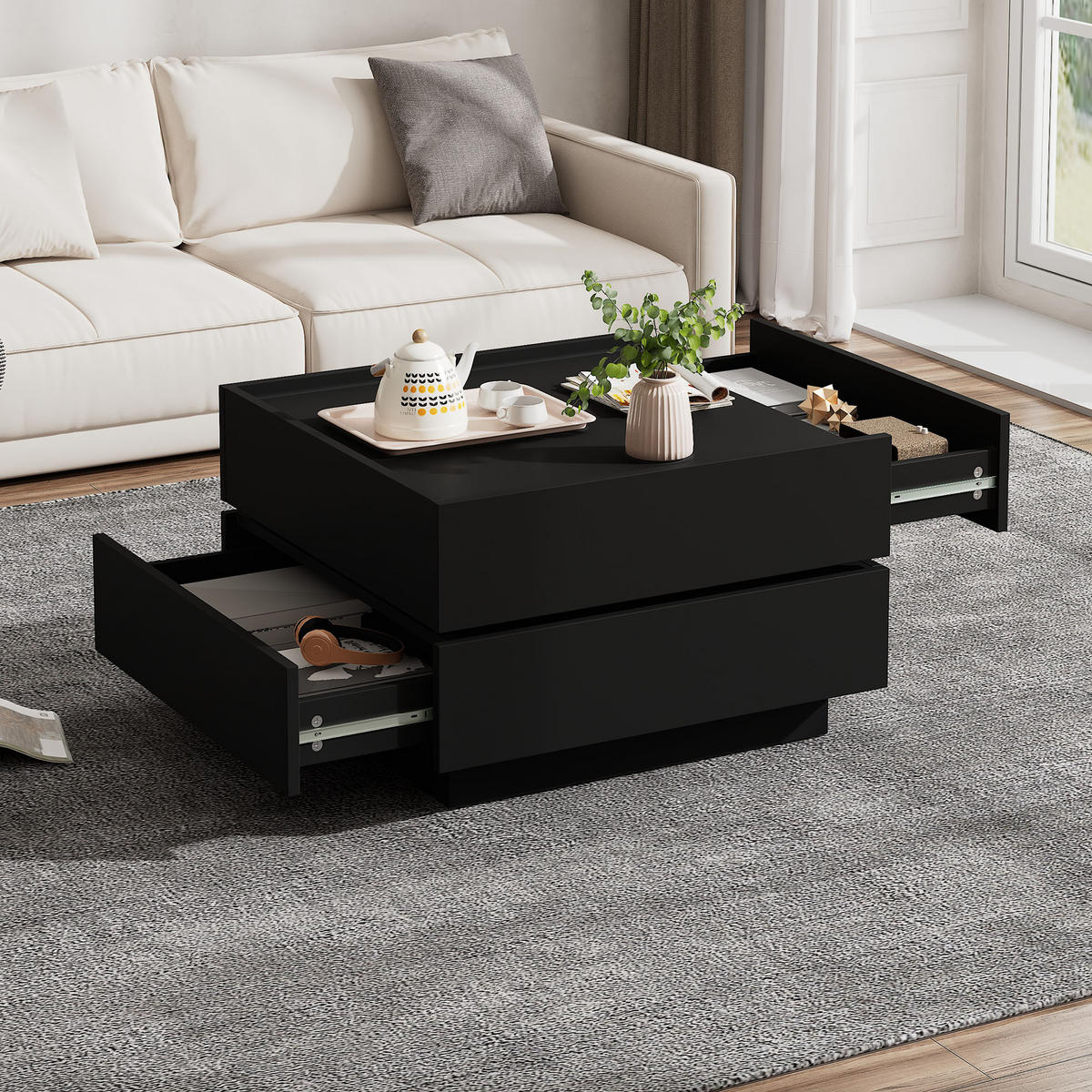 COUCHTISCH Schwarz, 60/60/38 cm mit Drehfunktion - Schwarz, Holzwerkstoff (60/60/38cm) - PANGIVO