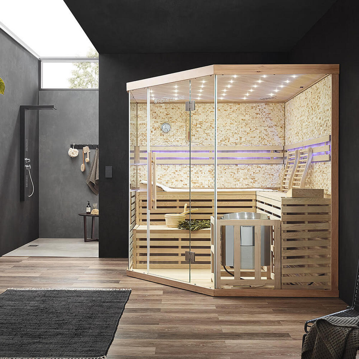 TRADITIONELLE Sauna mit Kunststeinwand SKYLINE BIG XL - 200 x 200 cm für 6 Personen - Naturfarben, Holz (200/210/200cm) - Home Deluxe