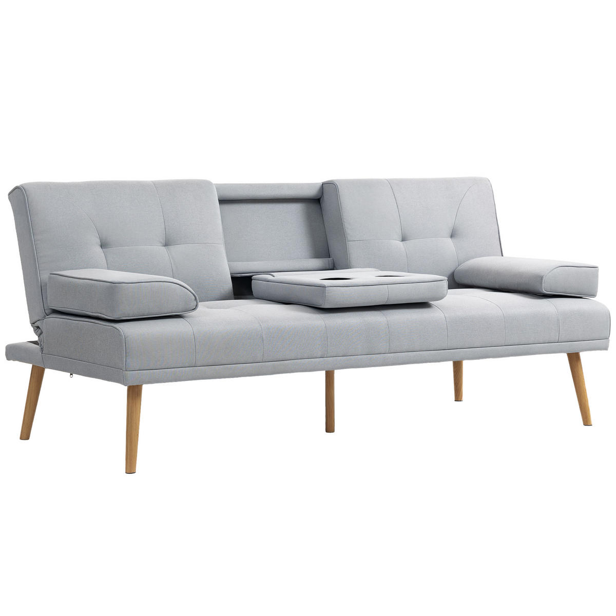 SCHLAFSOFA DE-06514 3-Sitzer, klappbarer Tisch, Becherhalter, Leinenoptik Hellgrau - Hellgrau, Holz/Textil (181/78/77cm) - ComfortXL