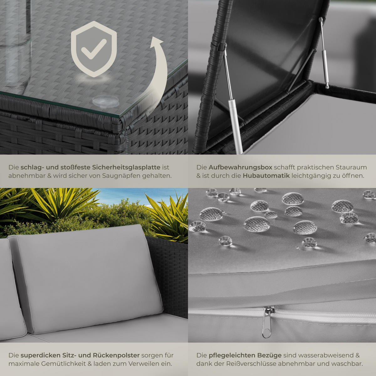 RATTANLOUNGE Siena,mit Sicherheitsglasplatte,schwarz/grau - Schwarz/Grau, Kunststoff - tectake