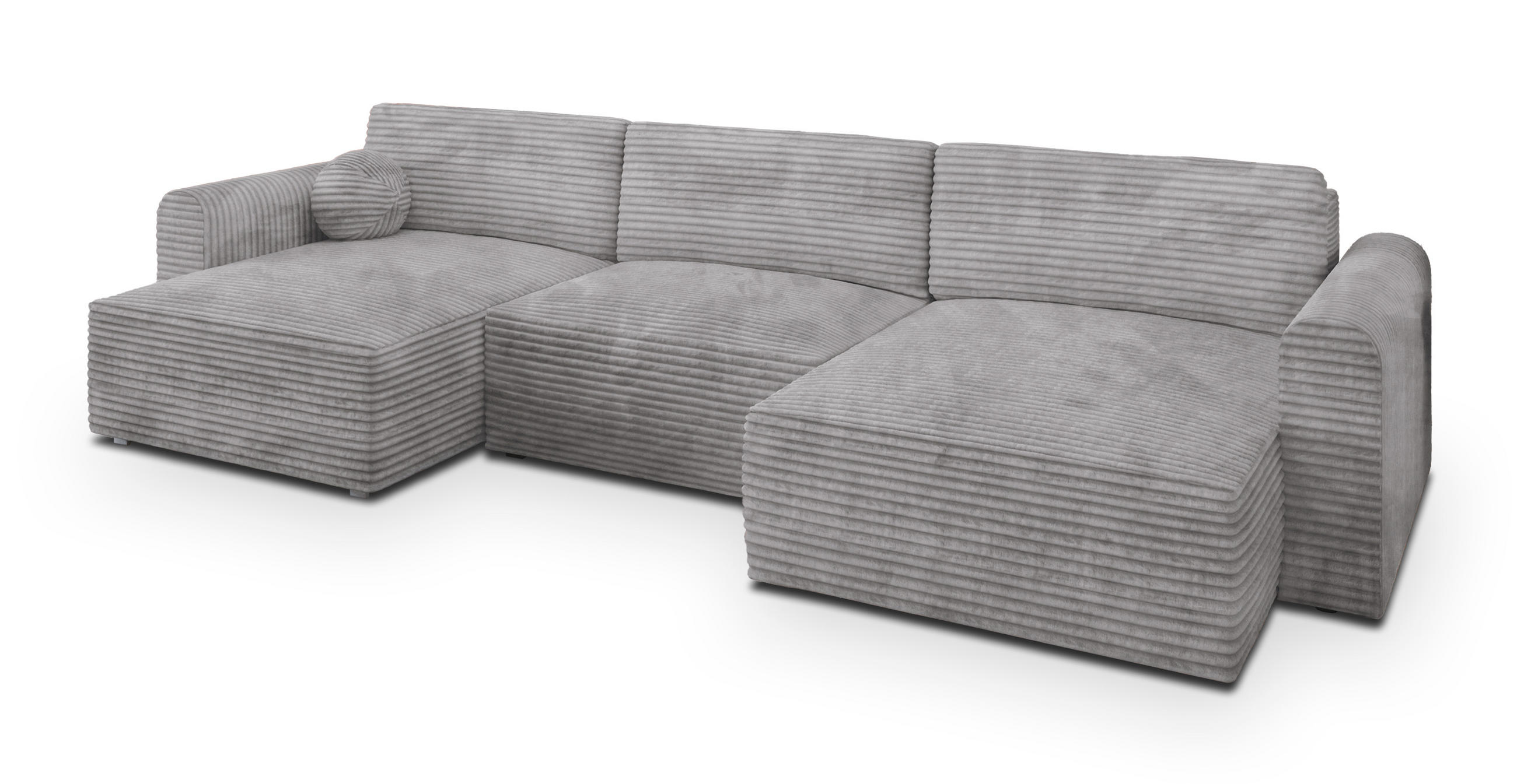 WOHNLANDSCHAFT FENTO Hellgrau Kordstoff mit Schlaffunktion - Hellgrau, Holz (347/90/148cm) - MASSENO