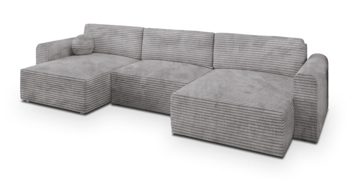 WOHNLANDSCHAFT FENTO Hellgrau Kordstoff mit Schlaffunktion - Hellgrau, Holz (347/90/148cm) - MASSENO