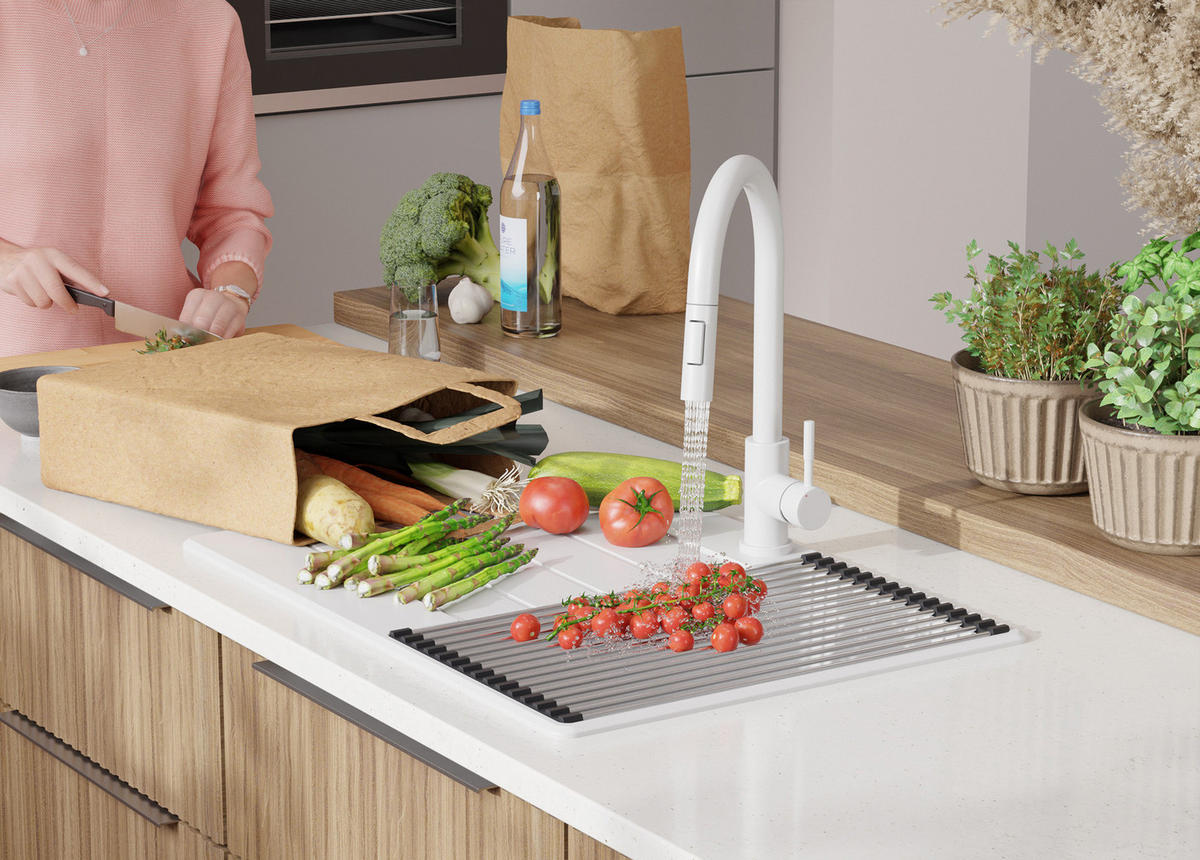 SPÜLBECKEN Kopenhagen, 2-er set Weiß 70/50 cm 1 Becken + Ablauf-Set + Schneidebrett ab 40er Unterschrank - Chromfarben/Beige, Kunststoff (70/20/50cm) - Primagran