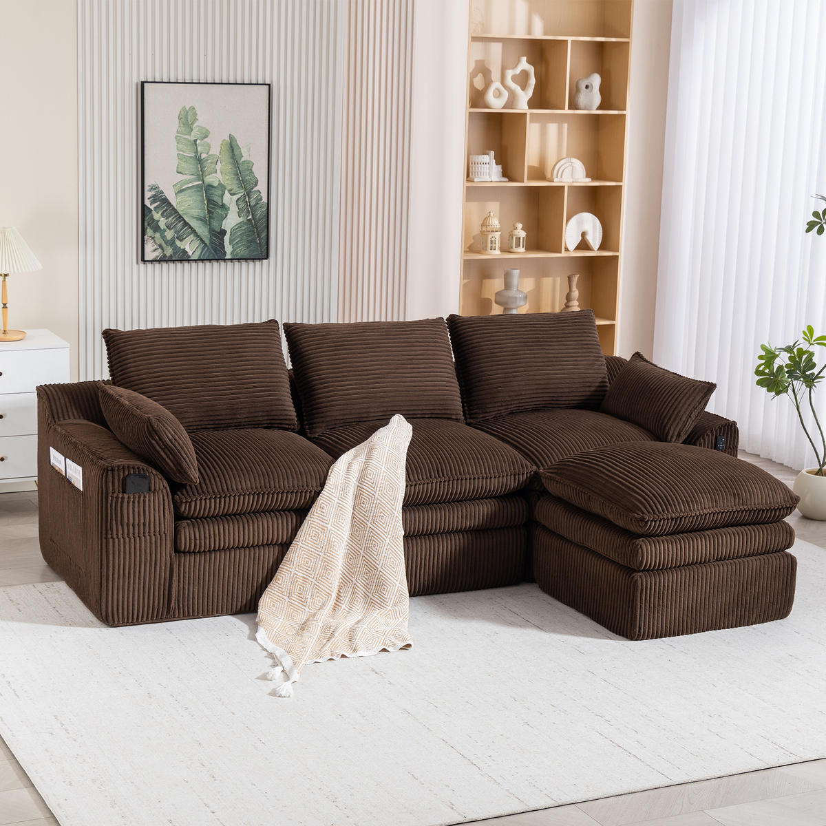 3-SITZER ECKSOFA Cord Braun mit Kissen, Hocker und Seitentaschen - Braun, Textil (263/167cm) - WISHDOR