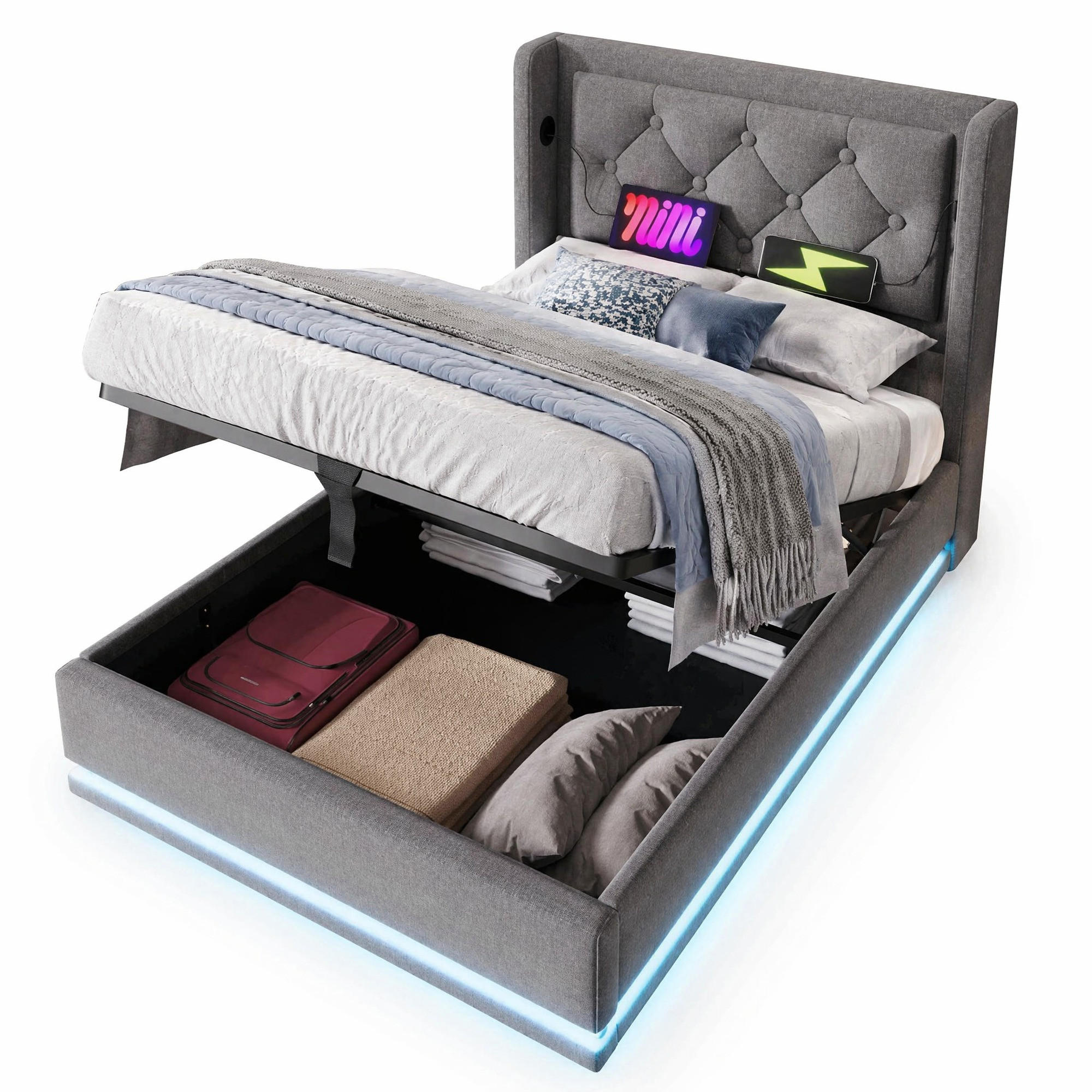 ČALOUNĚNÁ POSTEL 90/200 cm v šedé barvě s úložným prostorem, LED, USB a Type-C - šedá, kov/kompozitní dřevo (90/200cm) - CHICFURN
