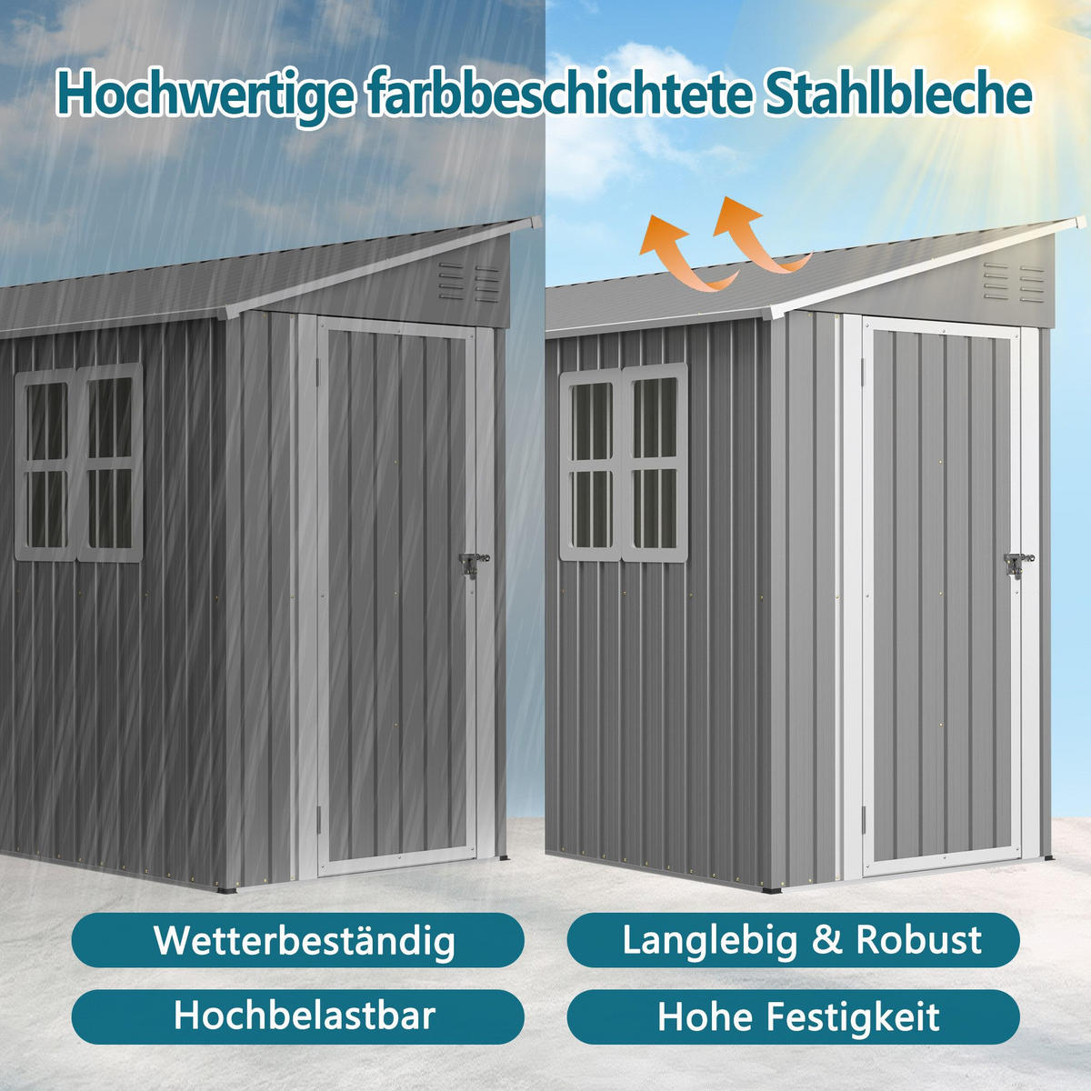 GERÄTEHAUS Metall-Anlehn-Geräteschuppen rostbeständig, wetterfest - Grau, Metall (280/110cm)