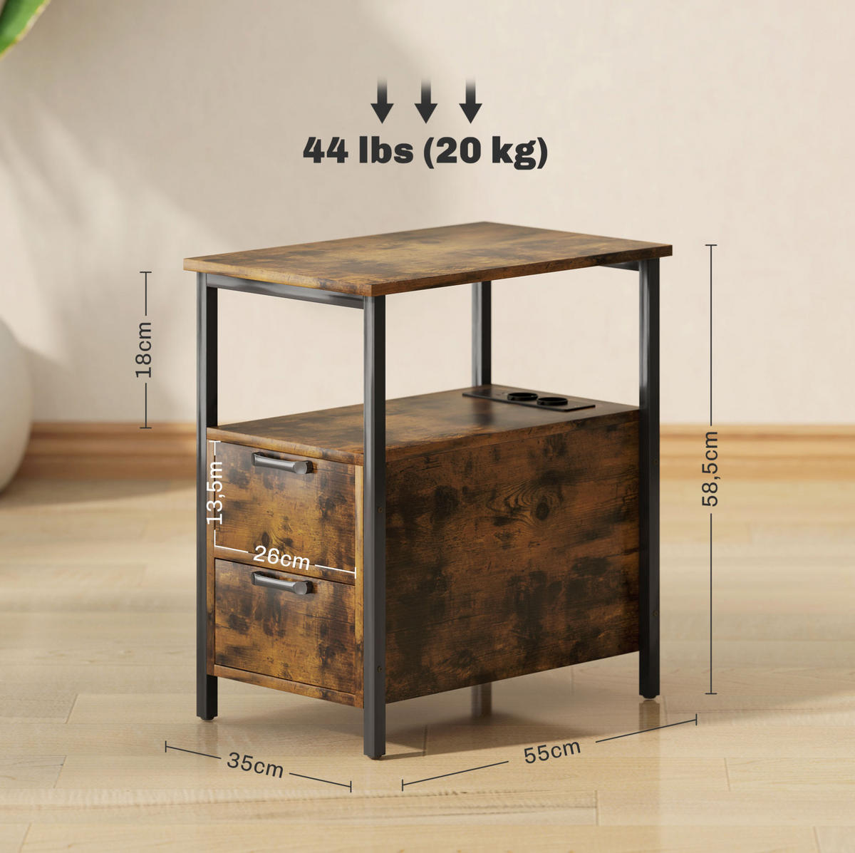 BEISTELLTISCH 55/35/58,5 cm mit Ladestation, 2 Schubladen und offenem Fach, Holzwerkstoff/Metall, Braun - Braun, Holzwerkstoff (55/35/58.5cm) - Redom