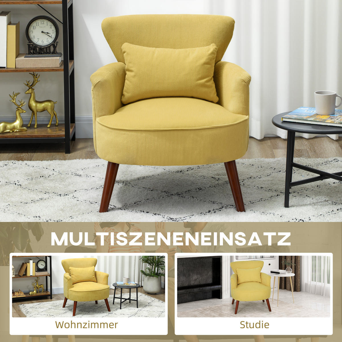 SESSEL mit Rückenlehne, abgerundeten Armlehnen Gepolstert Loungesessel Kordoptik - Gelb, Holz/Textil (69/78/69.5cm) - HOMCOM