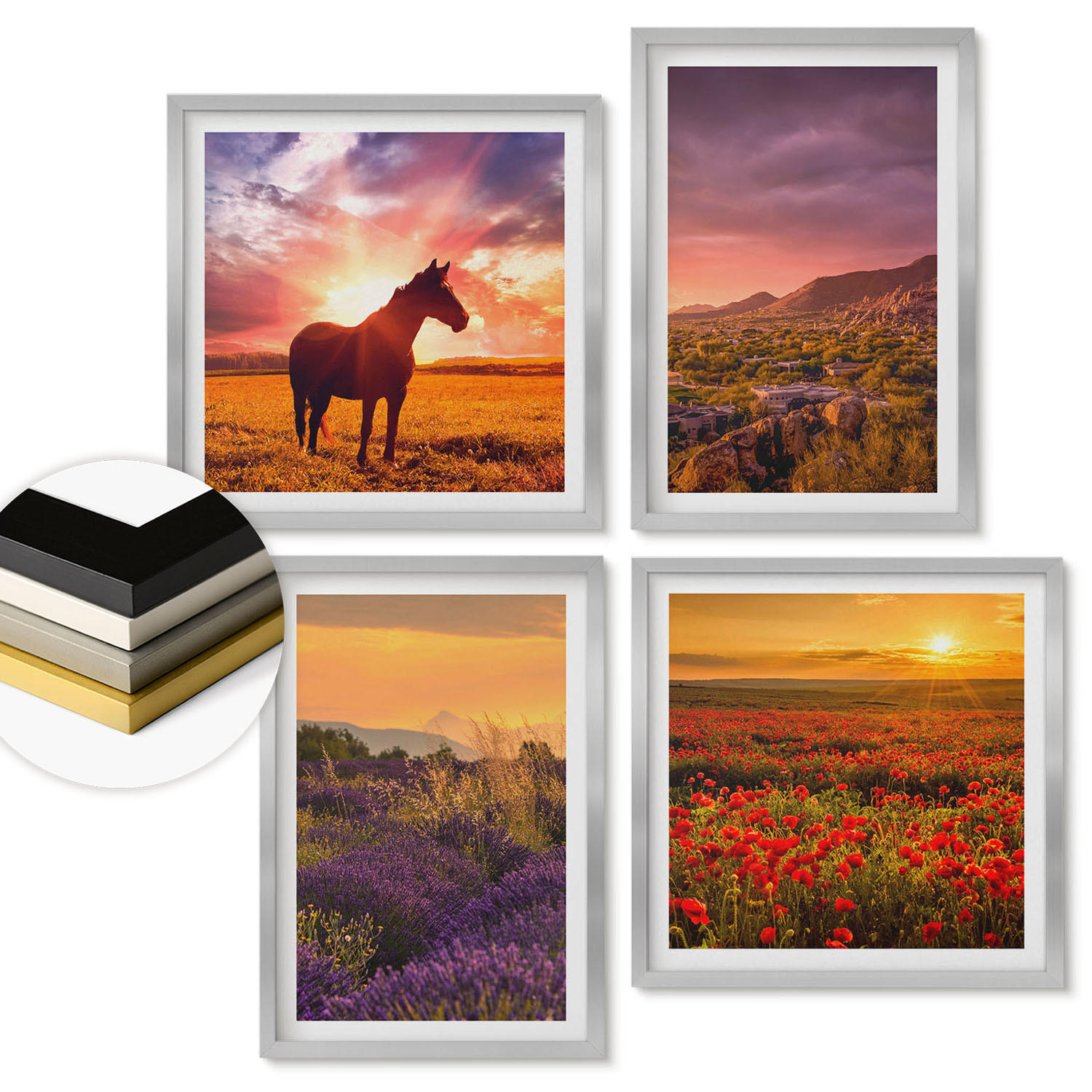 WANDBILDER 4er Set - 50x50 cm & 40x60 cm Silberner Rahmen - Berglandschaft Rosslavendel - Silberfarben, Kunststoff (50/50cm) - ArtPrintCave