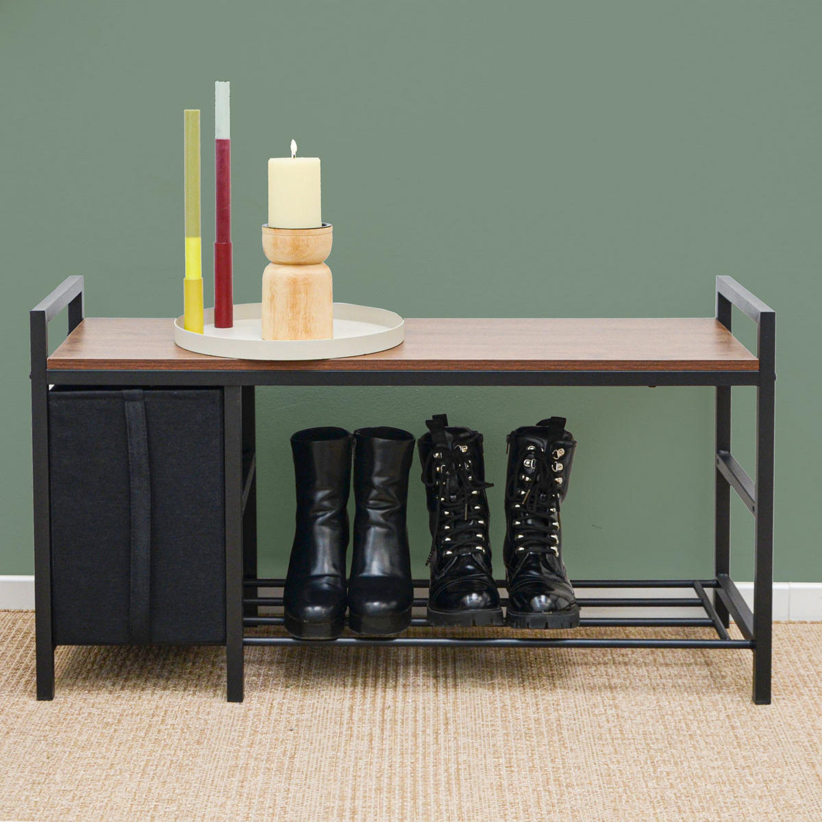SCHUHBANK mit Sitzfläche & Korb, 92/30/52 cm, Braun - Braun, Holz (30/52/92cm) - Dunedesign