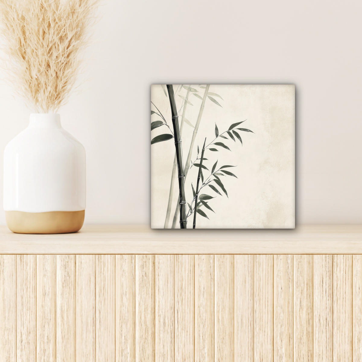 LEINWANDBILD Japandi - Bambus - Beige Deko Wohnzimmer 20x20 cm - Eukalyptusholzfarben, Textil (20/20cm) - MuchoWow