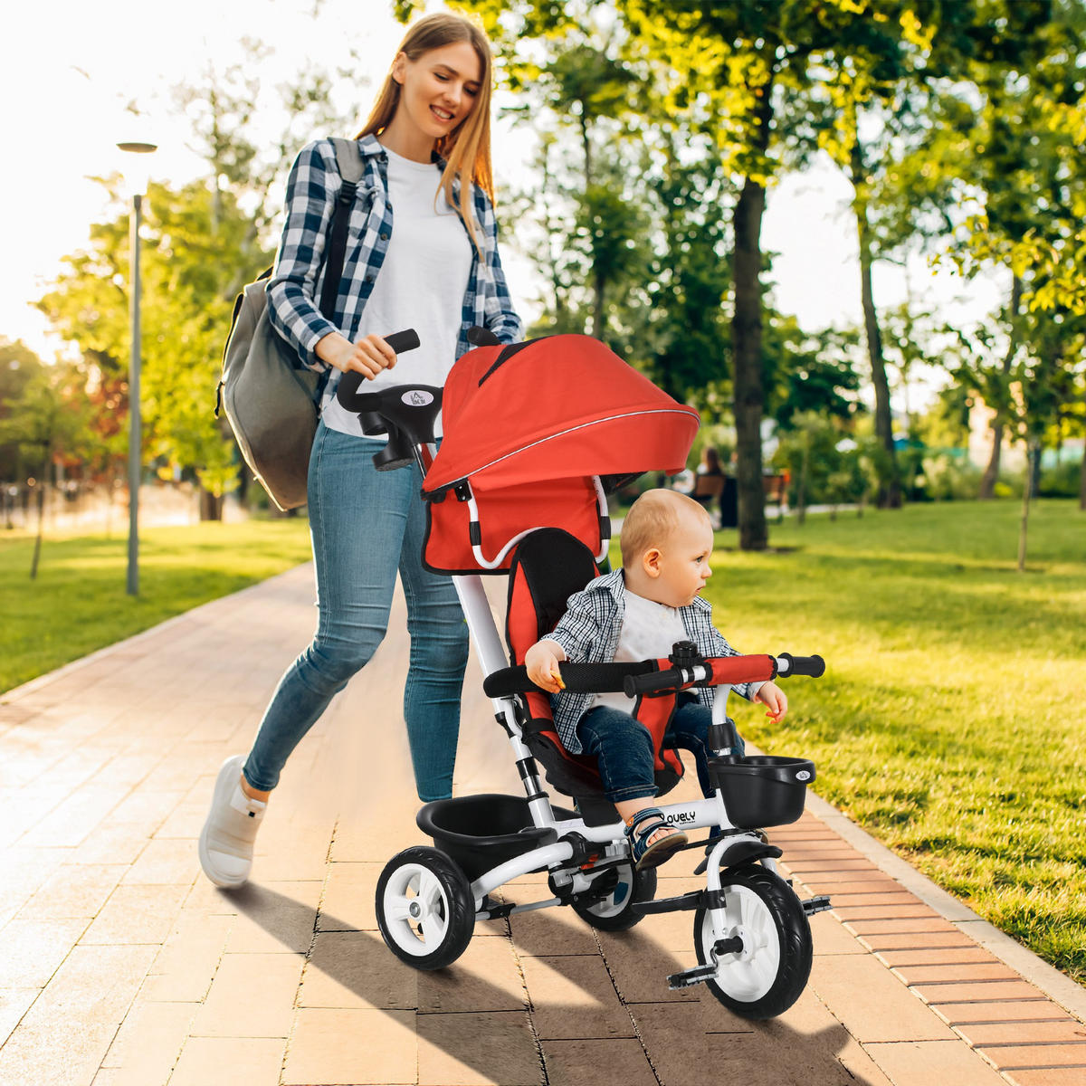 6 in 1 Dreirad mit Schubstange, Kinderdreirad mit Sicherheitsgurt, Sonnendach - Rot, Metall (112/50/104cm) - HOMCOM