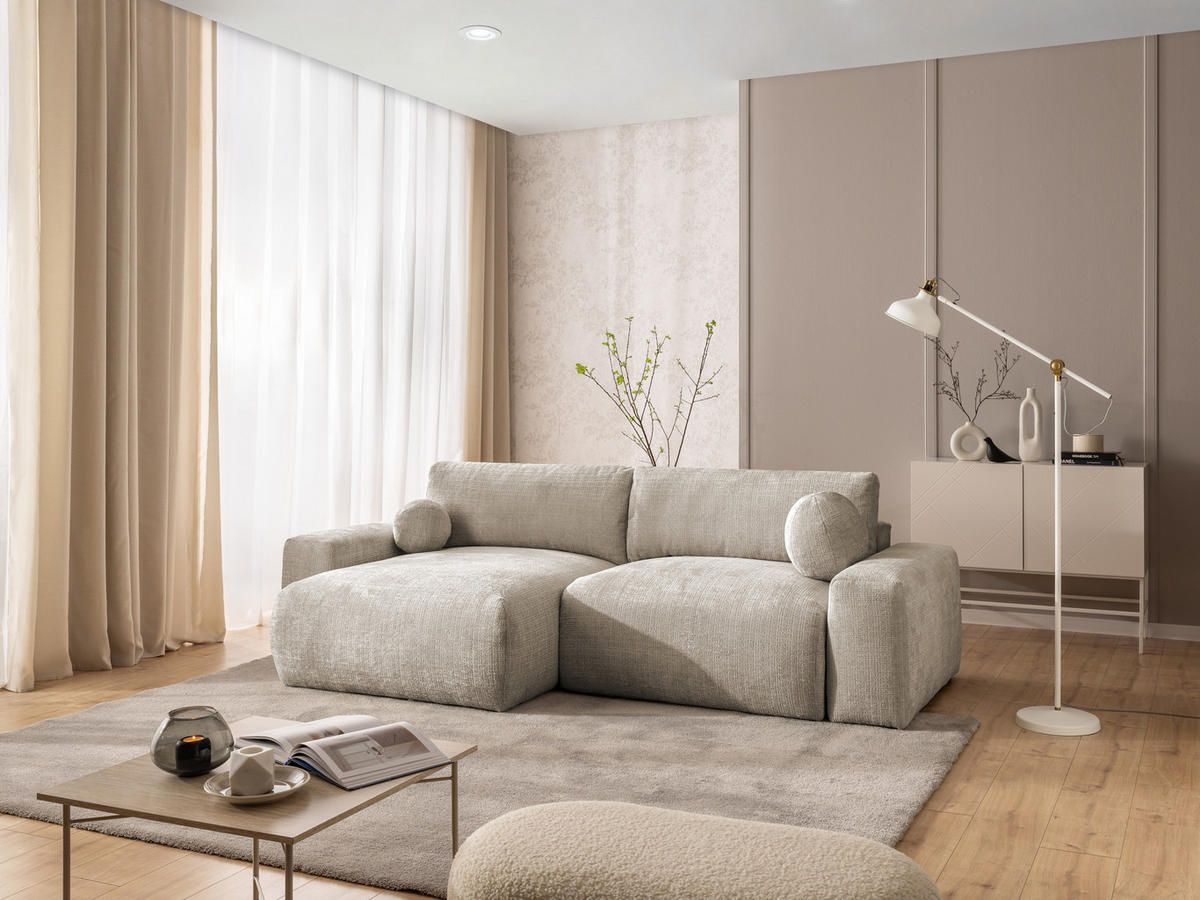 ECKSOFA Puffy mit Schlaffunktion und Bettkasten - besonders weich und puffig aus Dunkelbeige Chenille-Stoff - Ottomane links - Beige/Schwarz, Holz/Kunststoff (138/266cm) - S-Style Möbel