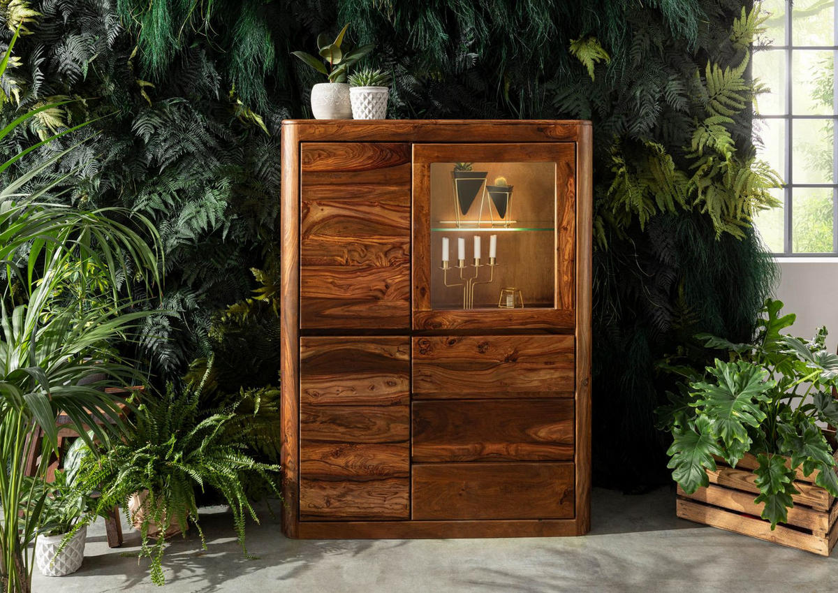 VITRINE Sheesham 109x40x145 walnuss gewachst TORONTO #209 - Walnussfarben, Holz (109/145/40cm) - Massivmoebel24
