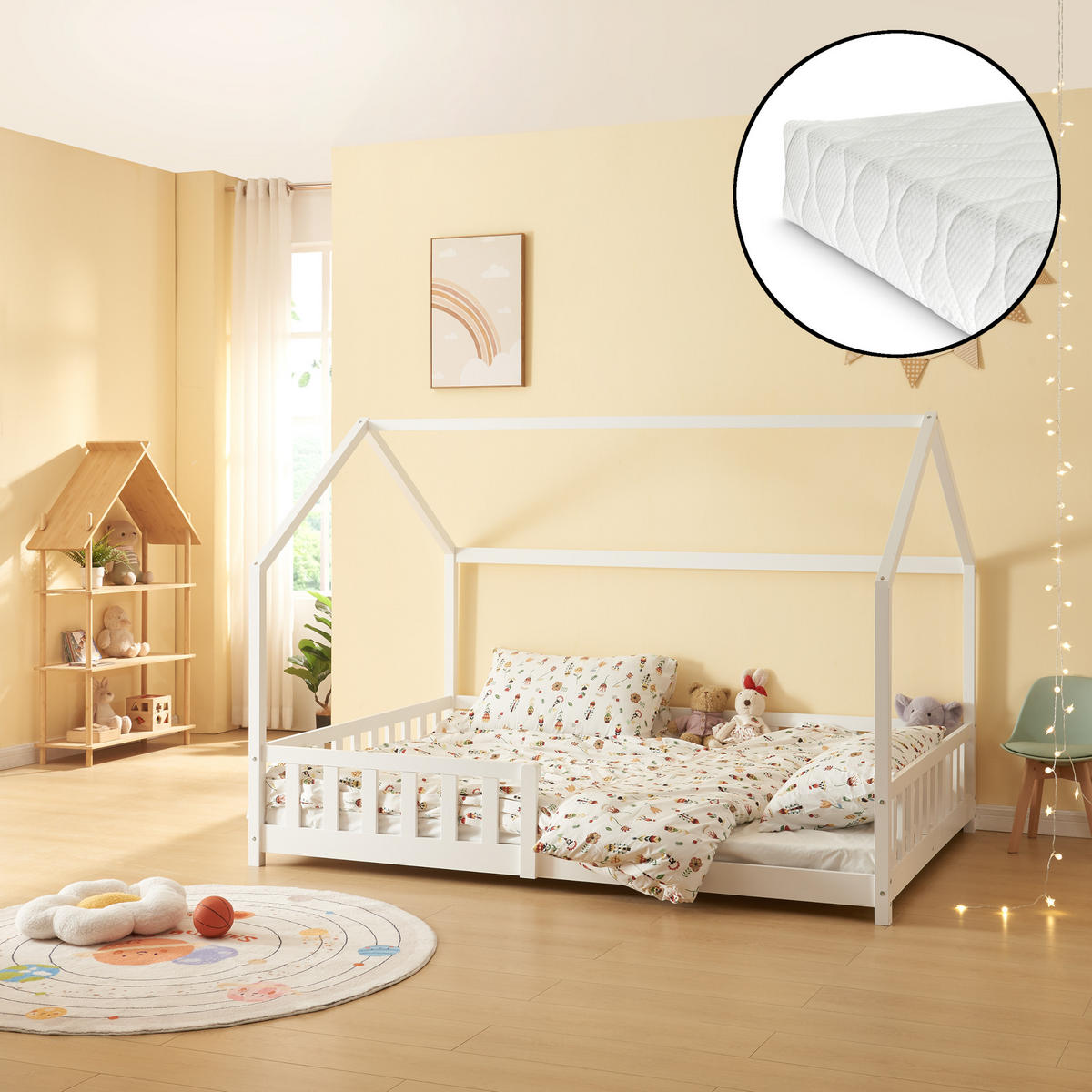 HAUSBETT Hesel mit Matratze - Weiß, Holz/Textil (140/200cm) - [en.casa]